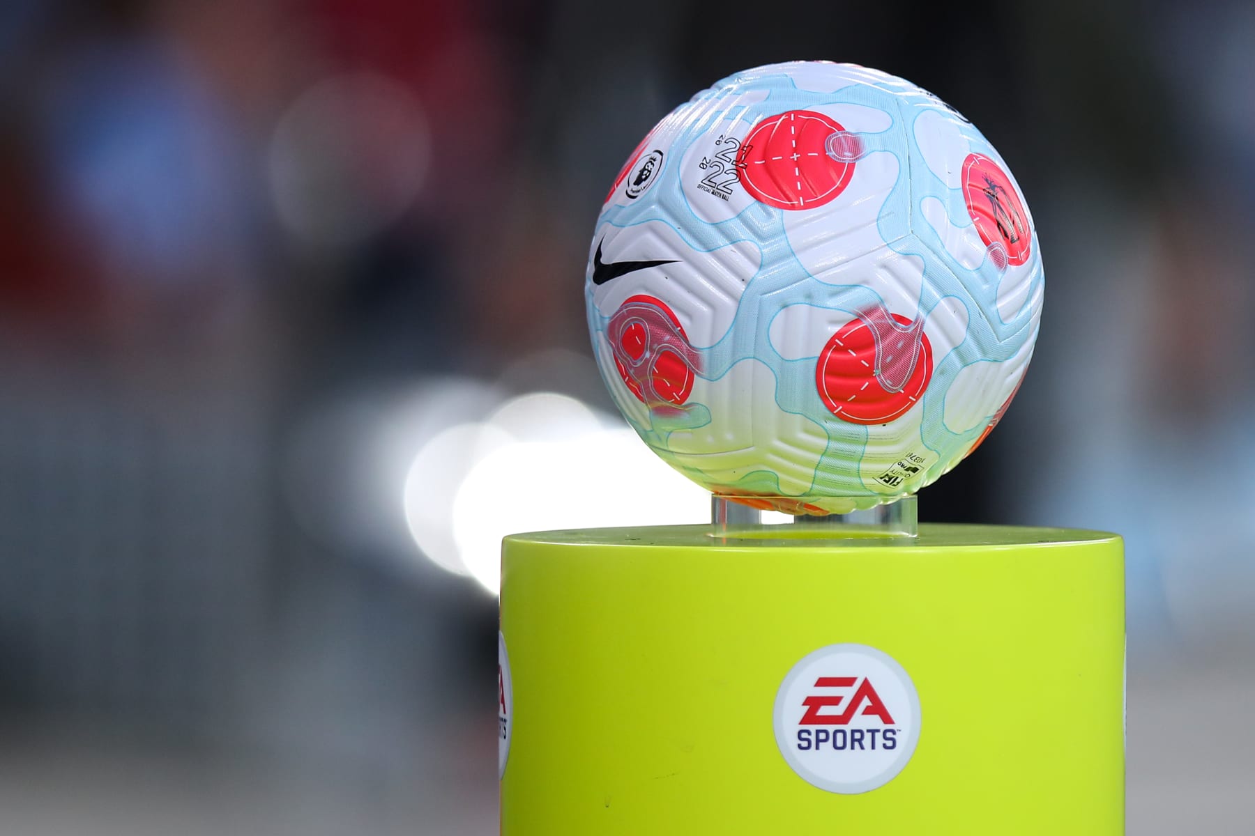 MANCHESTER, ENGLAND - APRIL 20: The official Nike Premier League match ball seen on an EA Sports Plinth during the Premier League match between Manchester City and Brighton & Hove Albion at Etihad Stadium on April 20, 2022 in Manchester, United Kingdom. (Photo by Robbie Jay Barratt - AMA/Getty Images)