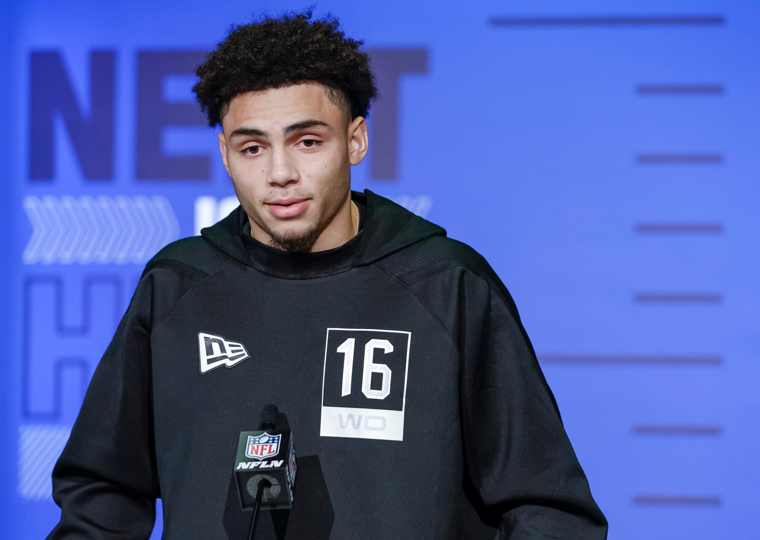 INDIANAPOLIS, IN - MAR 02: Drake London #WO16 of the USC Trojans speaks to reporters during the NFL Draft Combine at the Indiana Convention Center on March 2, 2022 in Indianapolis, Indiana. (Photo by Michael Hickey/Getty Images)