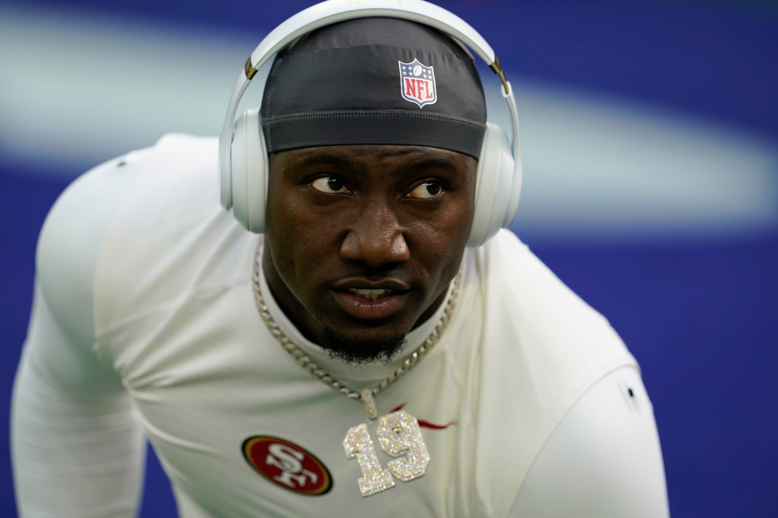 FILE - San Francisco 49ers wide receiver Deebo Samuel (19) warms up before an NFL football game against the Los Angeles Rams, Sunday, Jan. 9, 2022, in Inglewood, Calif. All-Pro receiver Deebo Samuel told ESPN that he has requested a trade from the San Francisco 49ers as the two sides have been unable to negotiate a long-term deal for one of the league's top playmakers. (AP Photo/Marcio Jose Sanchez, File) FILE - San Francisco 49ers wide receiver Deebo Samuel (19) warms up before an NFL football game against the Los Angeles Rams, Sunday, Jan. 9, 2022, in Inglewood, Calif. All-Pro receiver Deebo Samuel told ESPN that he has requested a trade from the San Francisco 49ers as the two sides have been unable to negotiate a long-term deal for one of the league's top playmakers. (AP Photo/Marcio Jose Sanchez, File)