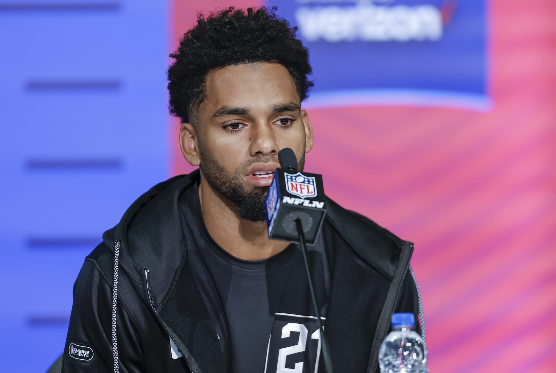 INDIANAPOLIS, IN - MAR 2: Chris Olave #WO21 of the Ohio State Buckeyes speaks to reporters during the NFL Draft Combine at the Indiana Convention Center on March 2, 2022 in Indianapolis, Indiana. (Photo by Michael Hickey/Getty Images)