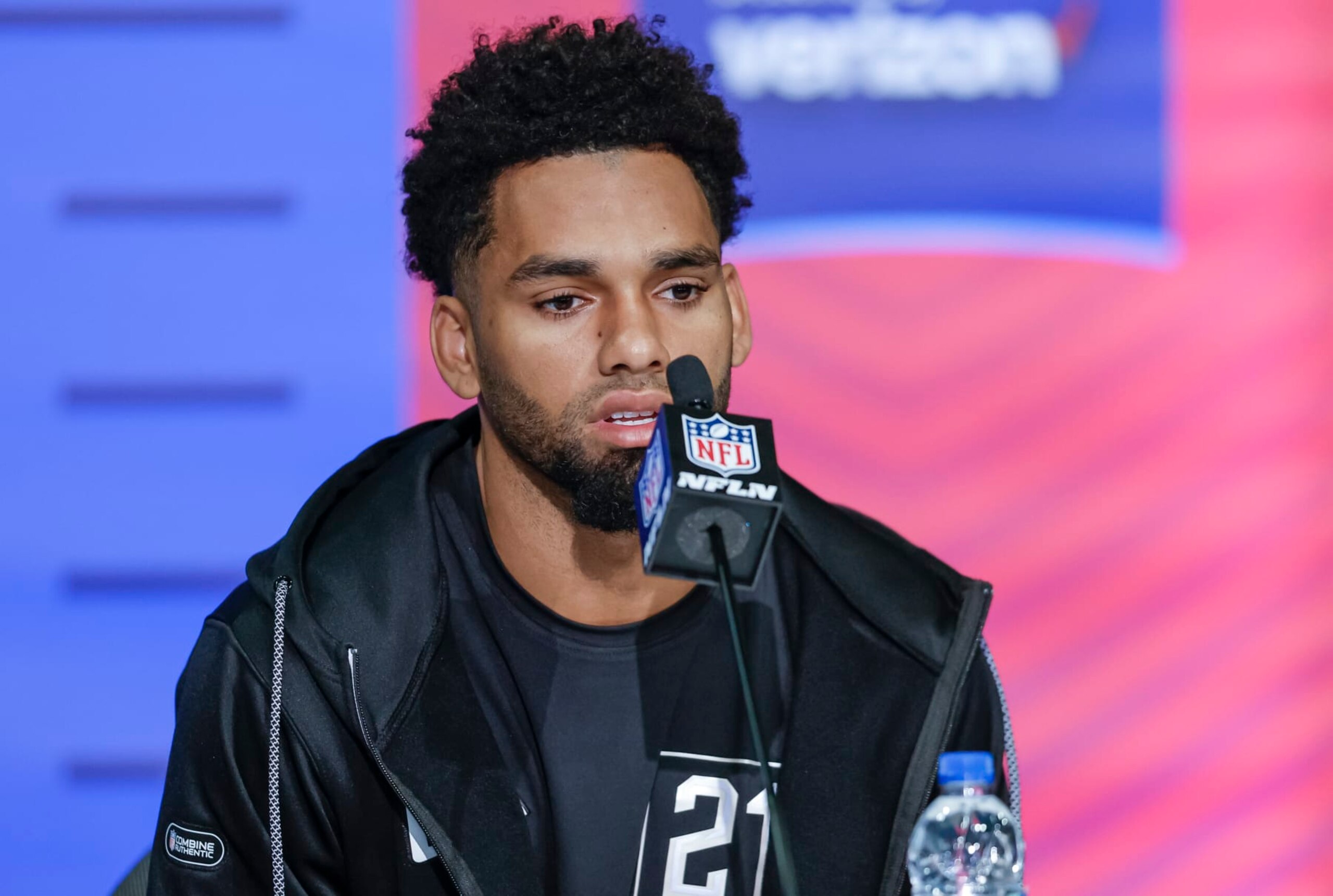 INDIANAPOLIS, IN - MAR 2: Chris Olave #WO21 of the Ohio State Buckeyes speaks to reporters during the NFL Draft Combine at the Indiana Convention Center on March 2, 2022 in Indianapolis, Indiana. (Photo by Michael Hickey/Getty Images)