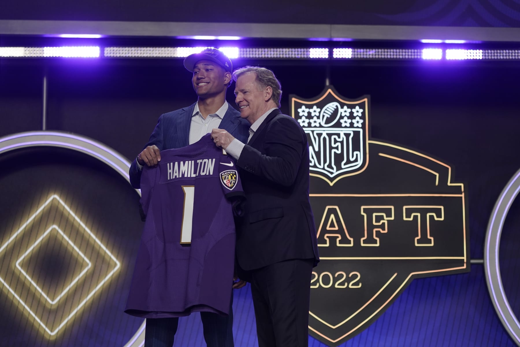 Notre Dame safety Kyle Hamilton stands with NFL Commissioner Roger Goodell after being chosen by the Baltimore Ravens with the 14th pick of the NFL football draft Thursday, April 28, 2022, in Las Vegas. (AP Photo/Jae C. Hong)