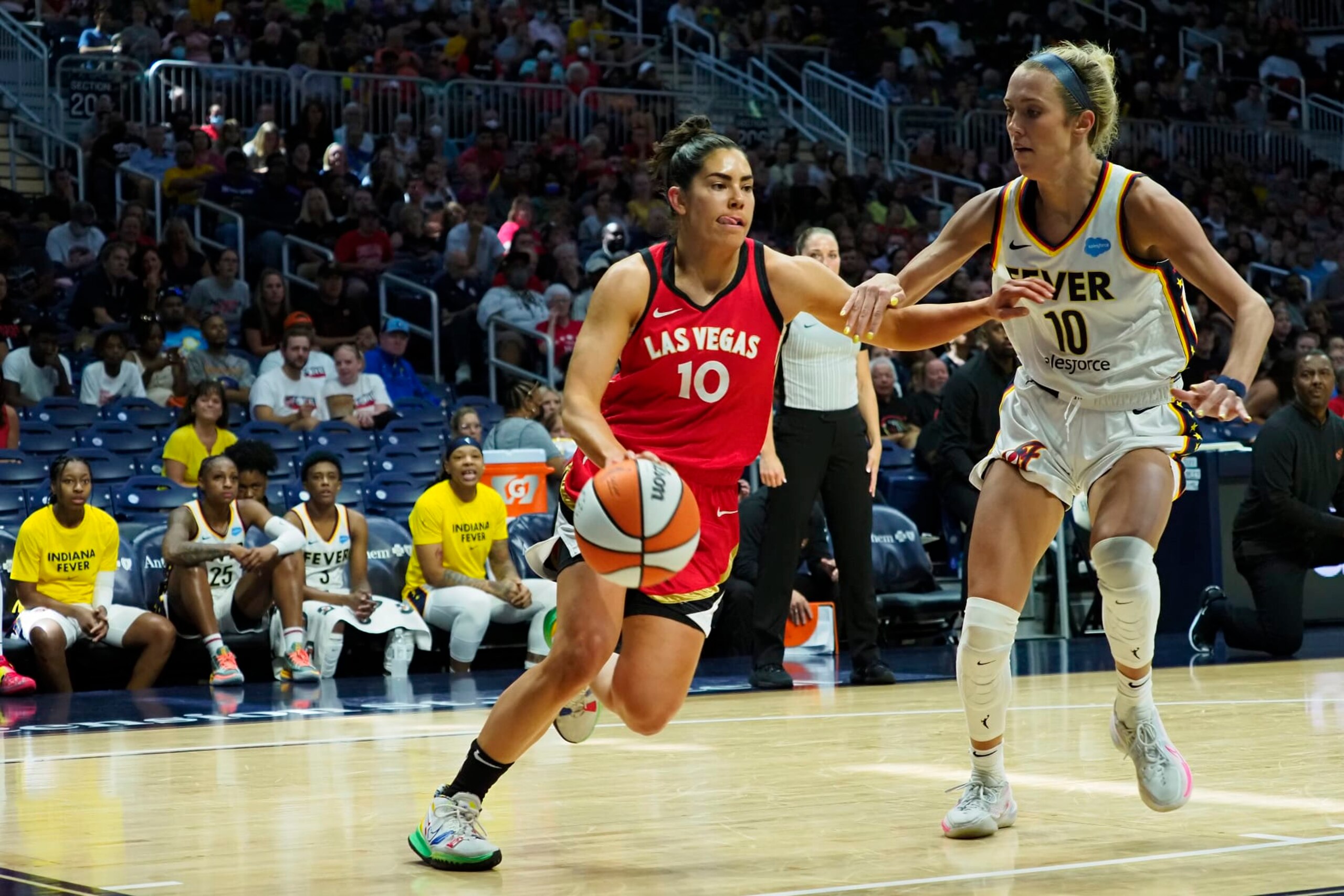 INDIANAPOLIS, IN  - JUNE 17: Kelsey Plum #10 of the Las Vegas Aces drives to the basket during the game against the Indiana Fever on June 17, 2022 at Gainbridge Fieldhouse in Indianapolis, Indiana. NOTE TO USER: User expressly acknowledges and agrees that, by downloading and or using this Photograph, user is consenting to the terms and conditions of the Getty Images License Agreement. Mandatory Copyright Notice: Copyright 2022 NBAE (Photo by Ron Hoskins/NBAE via Getty Images)