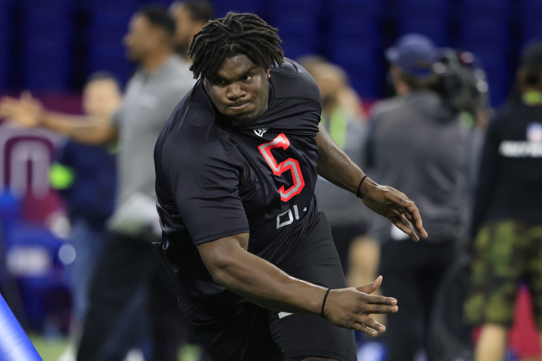 INDIANAPOLIS, INDIANA - MARCH 05: Jordan Davis #DL05 of the Georgia Bulldogs runs a drill during the NFL Combine at Lucas Oil Stadium on March 05, 2022 in Indianapolis, Indiana. (Photo by Justin Casterline/Getty Images)
