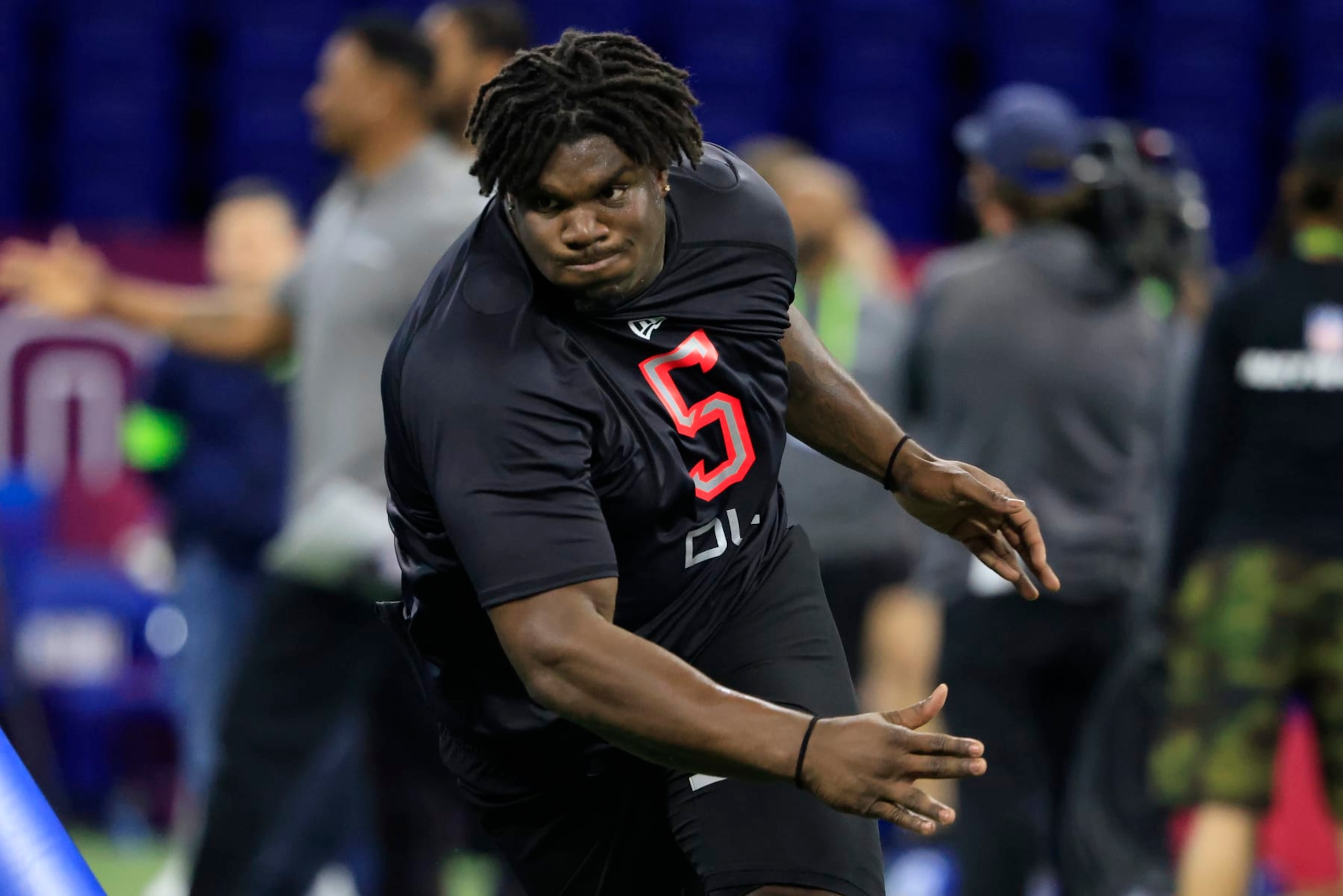 INDIANAPOLIS, INDIANA - MARCH 05: Jordan Davis #DL05 of the Georgia Bulldogs runs a drill during the NFL Combine at Lucas Oil Stadium on March 05, 2022 in Indianapolis, Indiana. (Photo by Justin Casterline/Getty Images)