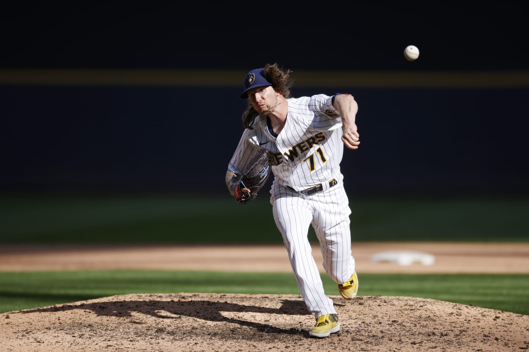 MILWAUKEE, WI - JULY 24: Milwaukee Brewers relief pitcher Josh Hader (71) delivers a pitch during an MLB game against the Colorado Rockies on July 24, 2022 at American Family Field in Milwaukee, Wisconsin. (Photo by Joe Robbins/Icon Sportswire via Getty Images)
