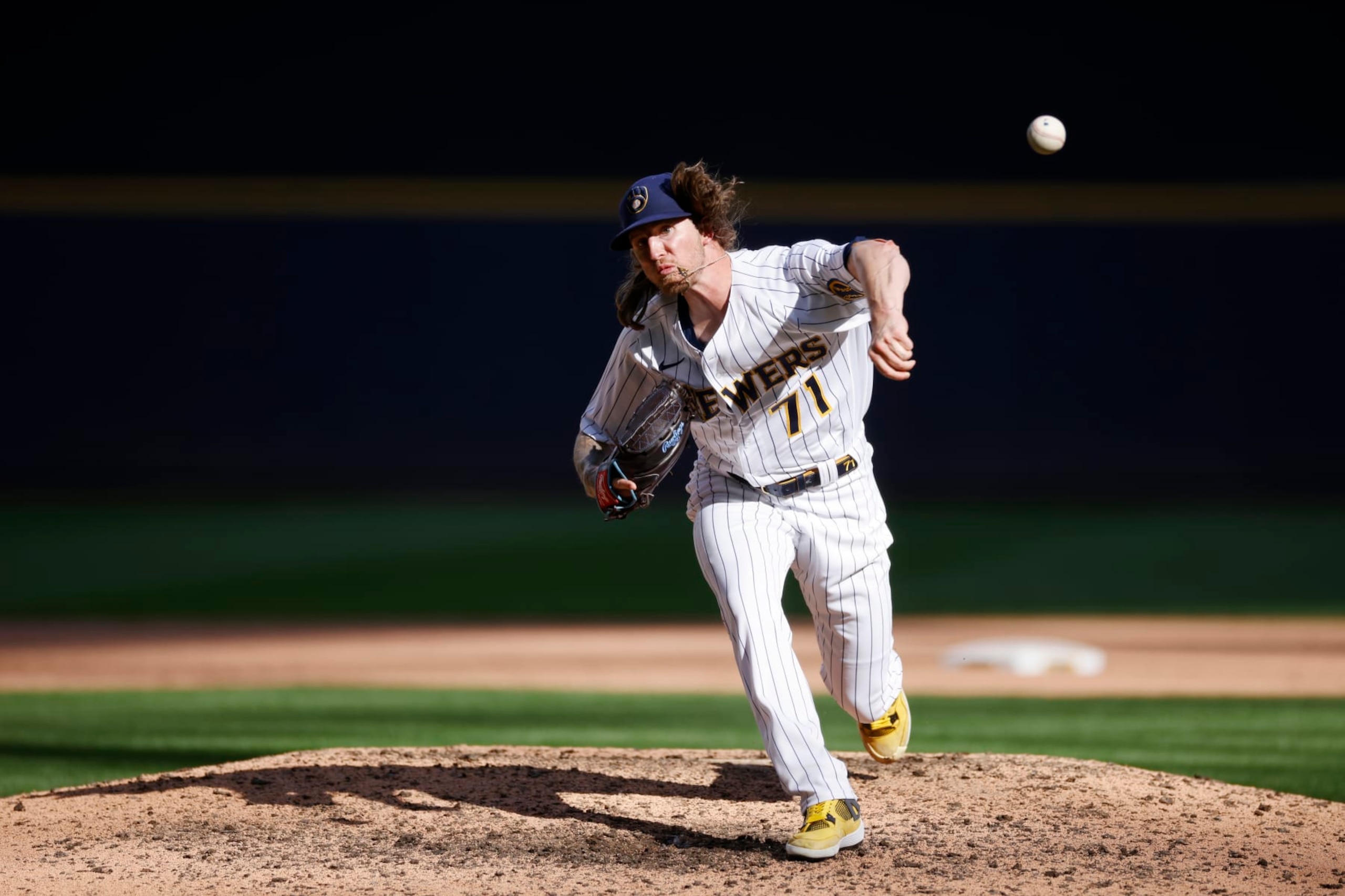MILWAUKEE, WI - JULY 24: Milwaukee Brewers relief pitcher Josh Hader (71) delivers a pitch during an MLB game against the Colorado Rockies on July 24, 2022 at American Family Field in Milwaukee, Wisconsin. (Photo by Joe Robbins/Icon Sportswire via Getty Images)