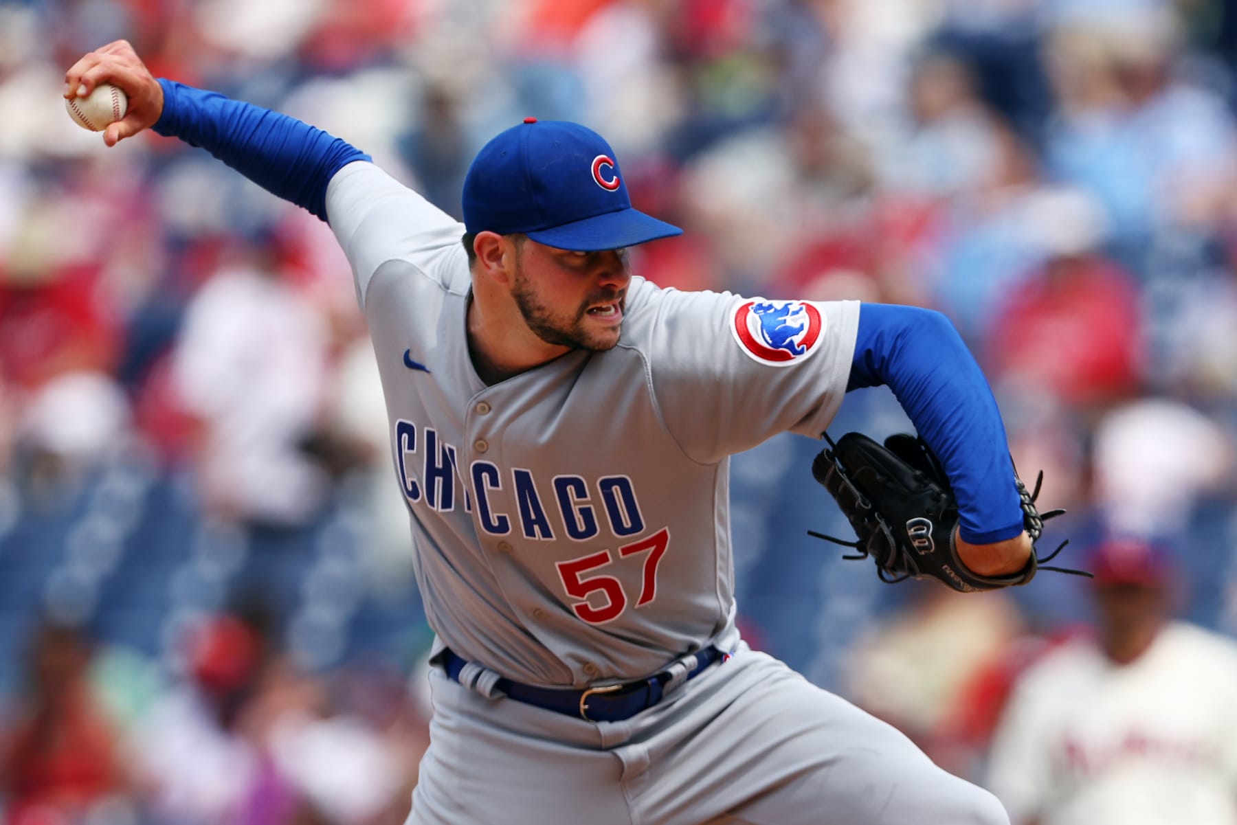 PHILADELPHIA, PA - JULY 24: Scott Effross #57 of the Chicago Cubs in action during a game against the Philadelphia Phillies at Citizens Bank Park on July 24, 2022 in Philadelphia, Pennsylvania. The Cubs defeated the Phillies 4-3. (Photo by Rich Schultz/Getty Images)