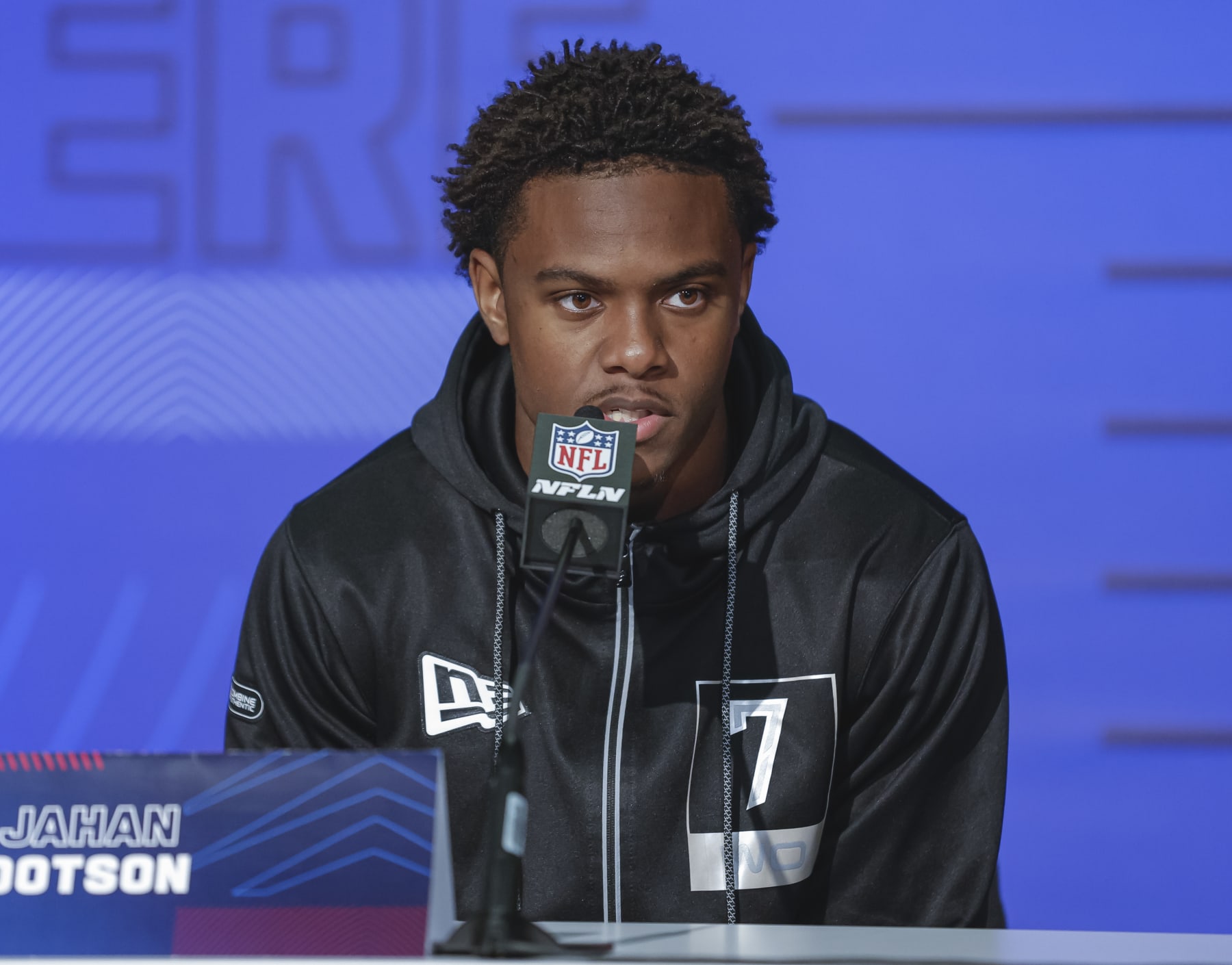 INDIANAPOLIS, IN - MAR 02: Jahan Dotson #WO07 of the Penn State Nittany Lions speaks to reporters during the NFL Draft Combine at the Indiana Convention Center on March 2, 2022 in Indianapolis, Indiana. (Photo by Michael Hickey/Getty Images)