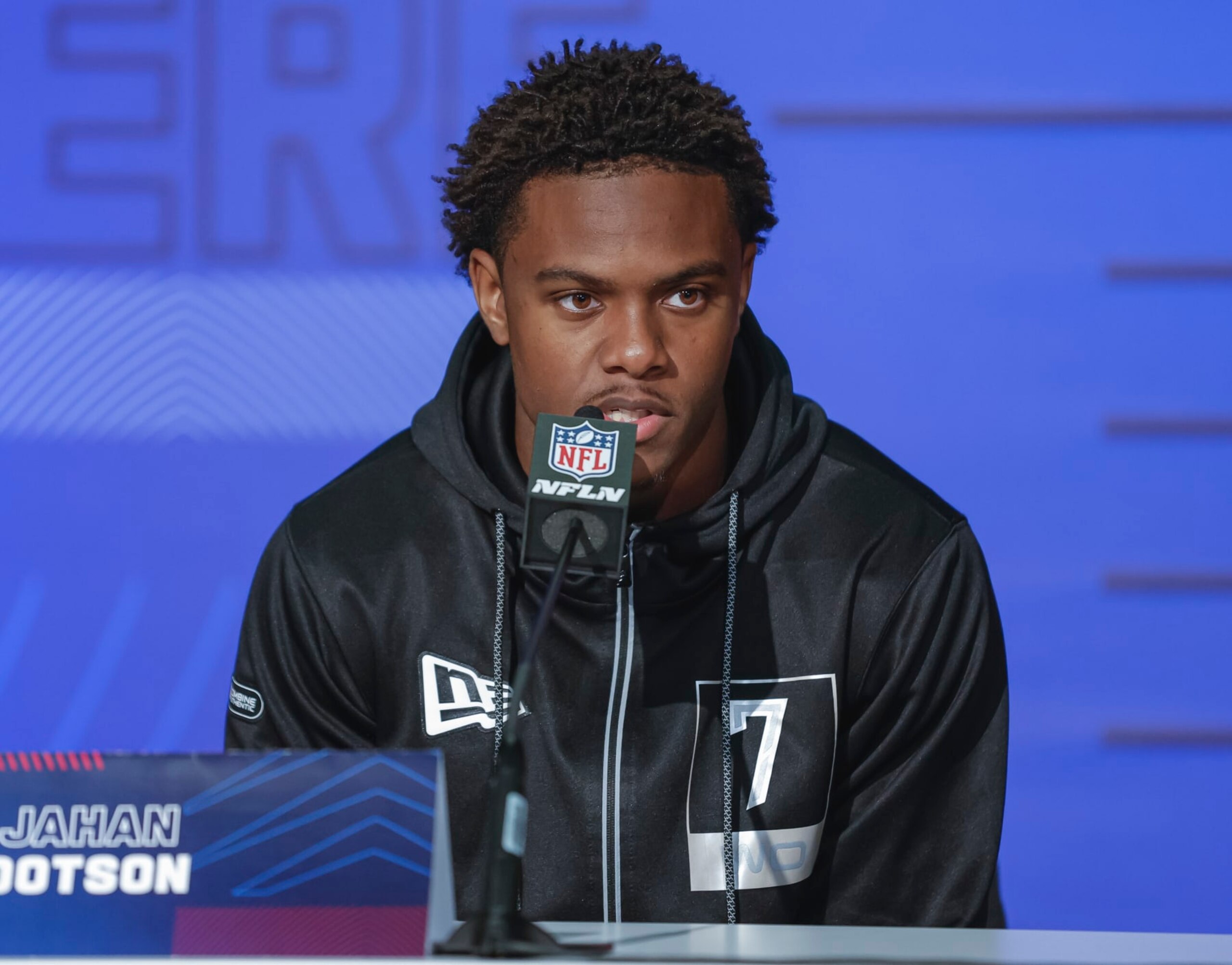 INDIANAPOLIS, IN - MAR 02: Jahan Dotson #WO07 of the Penn State Nittany Lions speaks to reporters during the NFL Draft Combine at the Indiana Convention Center on March 2, 2022 in Indianapolis, Indiana. (Photo by Michael Hickey/Getty Images)