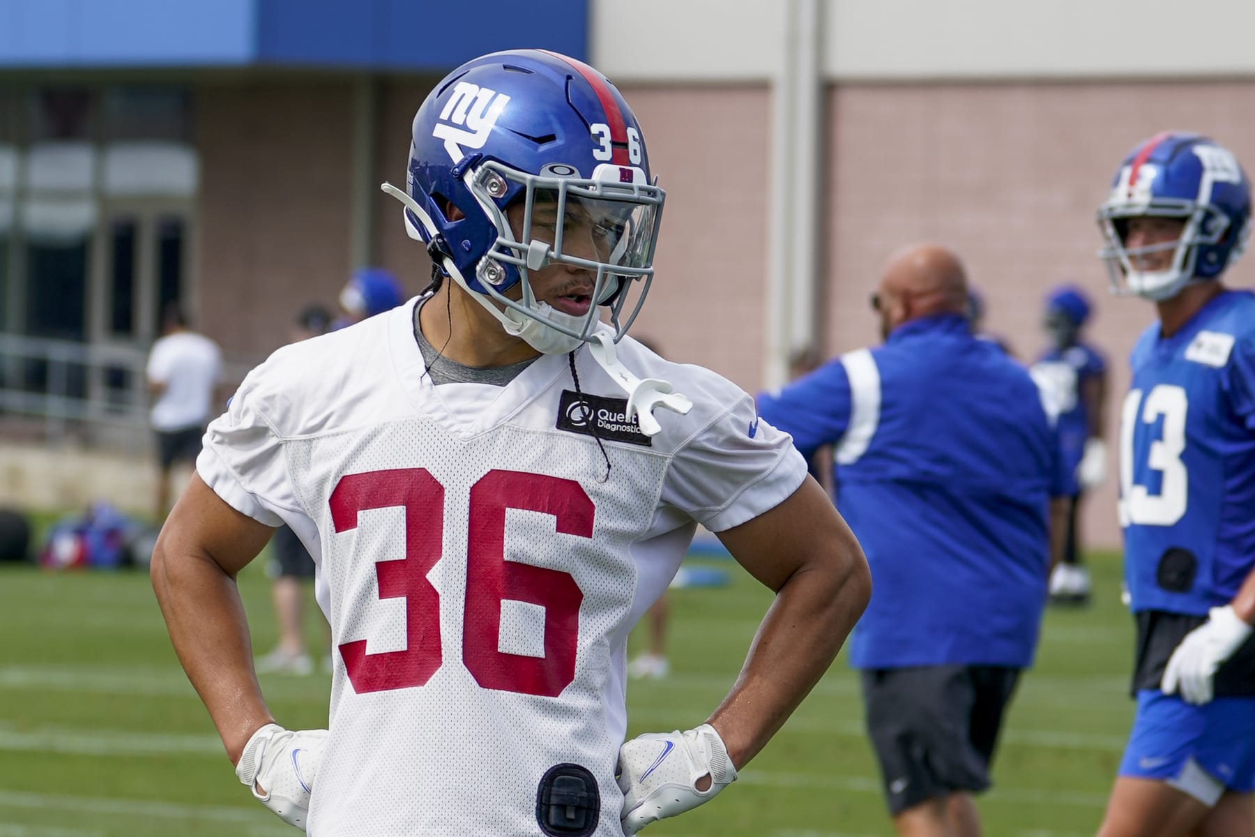 New York Giants safety Dane Belton (36) during training camp at the NFL football team's practice facility, Thursday, July 28, 2022, in East Rutherford, N.J. (AP Photo/John Minchillo)