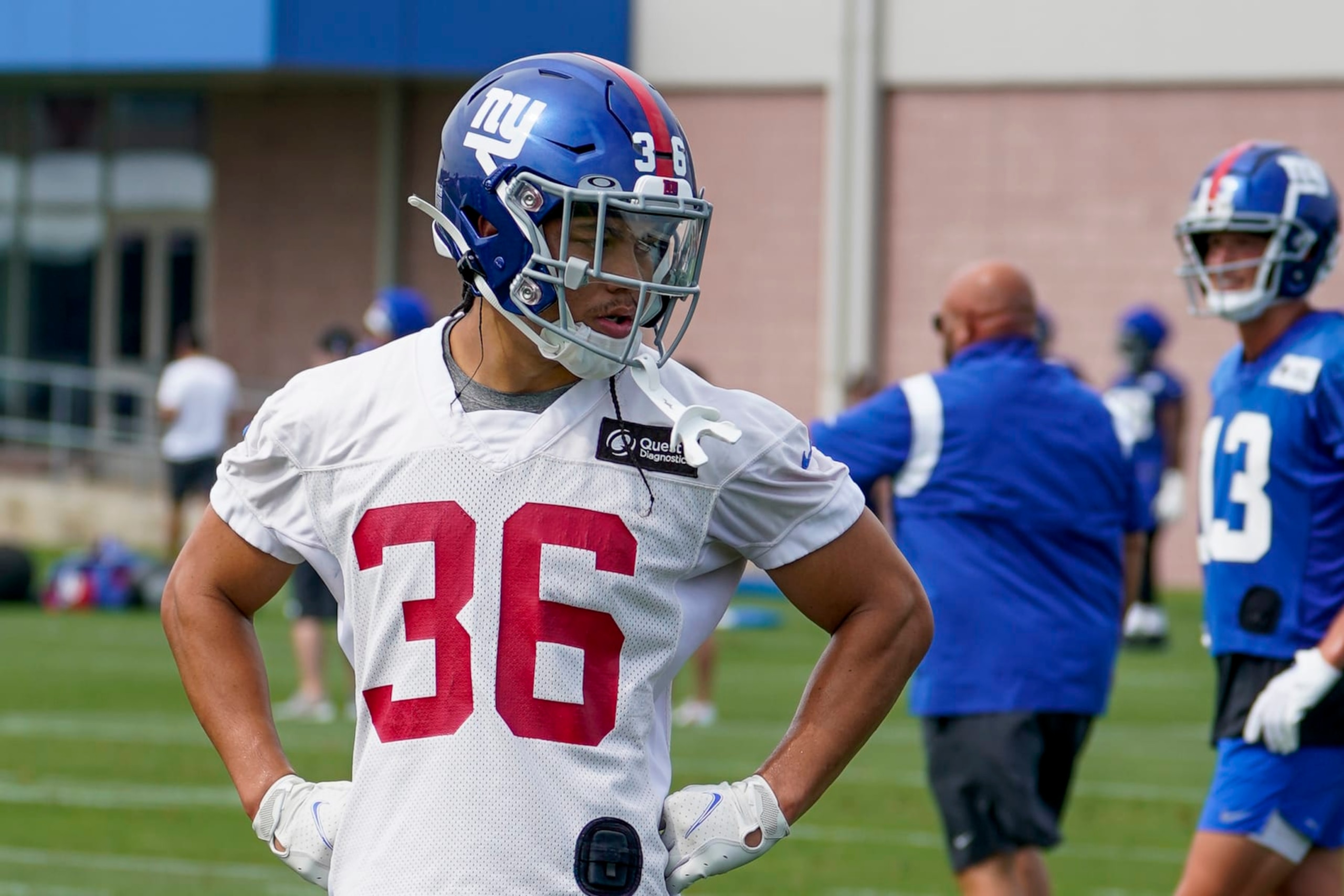 New York Giants safety Dane Belton (36) during training camp at the NFL football team's practice facility, Thursday, July 28, 2022, in East Rutherford, N.J. (AP Photo/John Minchillo) New York Giants safety Dane Belton (36) during training camp at the NFL football team's practice facility, Thursday, July 28, 2022, in East Rutherford, N.J. (AP Photo/John Minchillo)