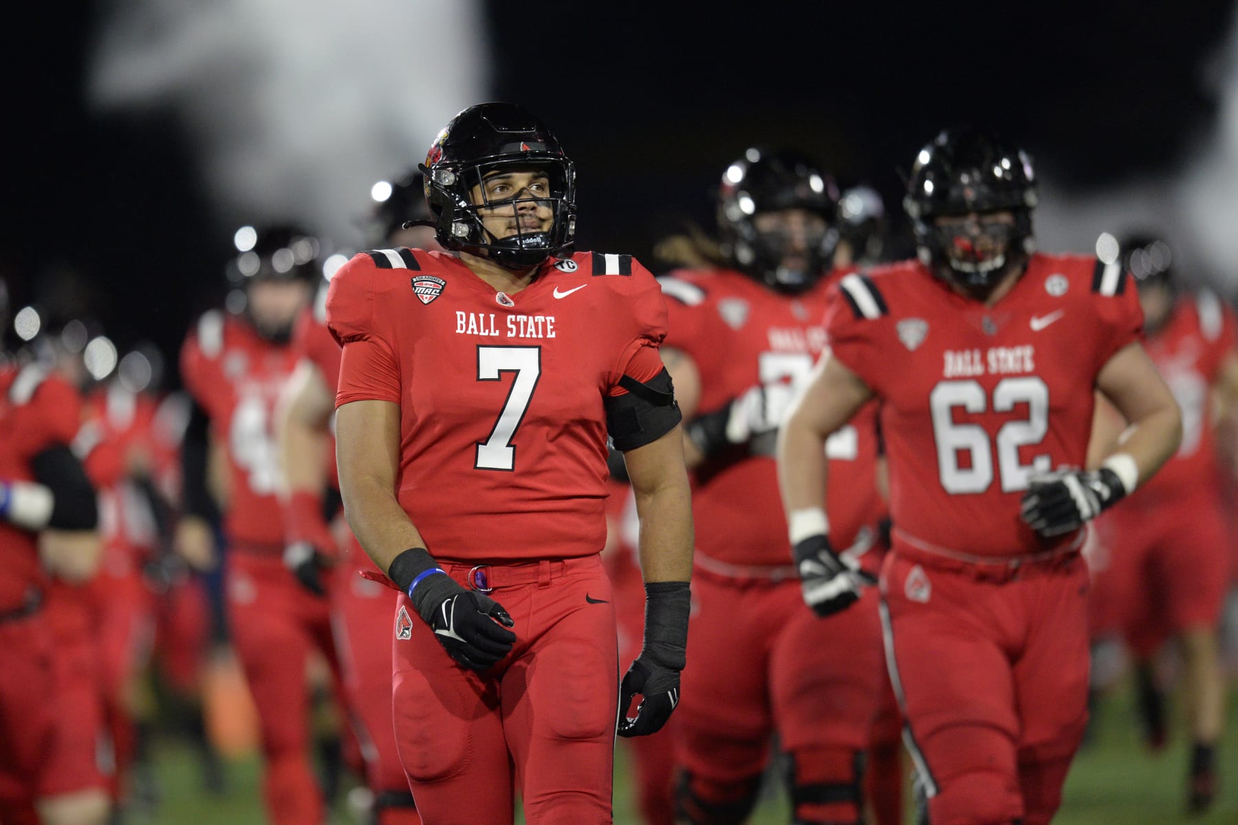 MUNCIE, IN - NOVEMBER 17: Ball State Cardinals inside linebacker Brandon Martin (7) leads the team onto the field for the start of the college football game between the Central Michigan Chippewas and the Ball State Cardinals on November 17, 2021, at Scheumann Stadium in Muncie, Indiana. (Photo by Michael Allio/Icon Sportswire via Getty Images)