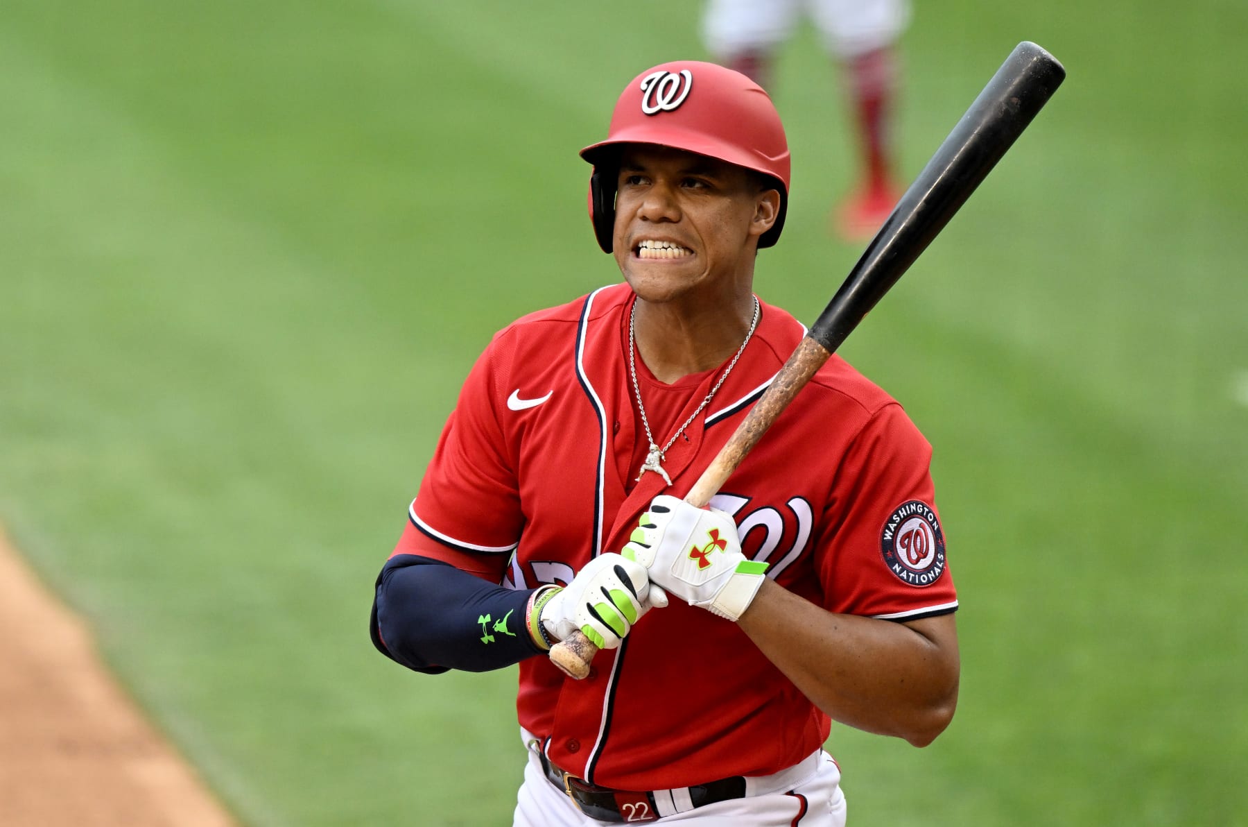 WASHINGTON, DC - JULY 31: Juan Soto #22 of the Washington Nationals reacts after being called out on strikes in the ninth inning against the St. Louis Cardinals at Nationals Park on July 31, 2022 in Washington, DC. (Photo by Greg Fiume/Getty Images)