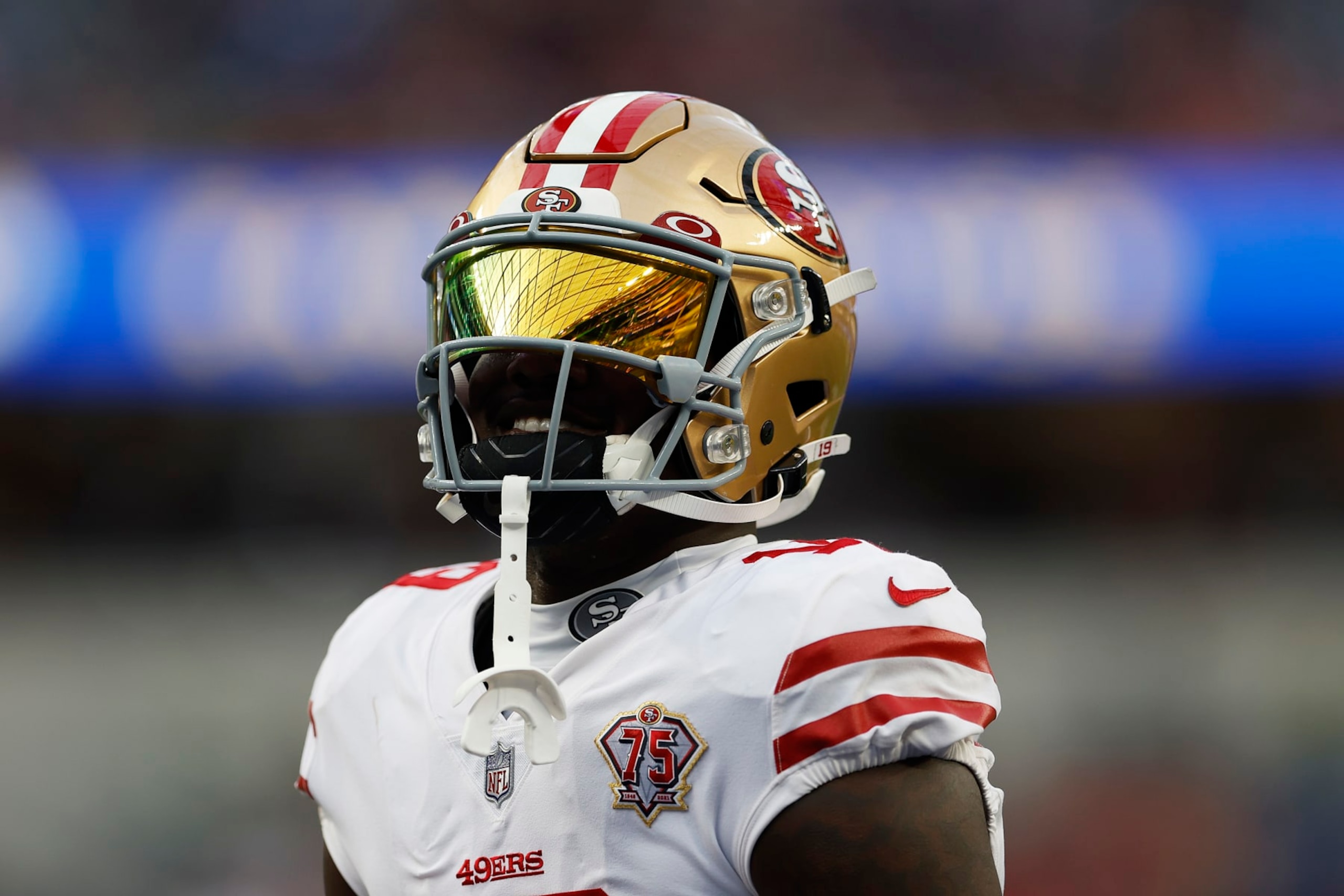INGLEWOOD, CALIFORNIA - JANUARY 30: Deebo Samuel #19 of the San Francisco 49ers looks on during warm ups before the NFC Championship Game against the Los Angeles Rams at SoFi Stadium on January 30, 2022 in Inglewood, California. (Photo by Christian Petersen/Getty Images)