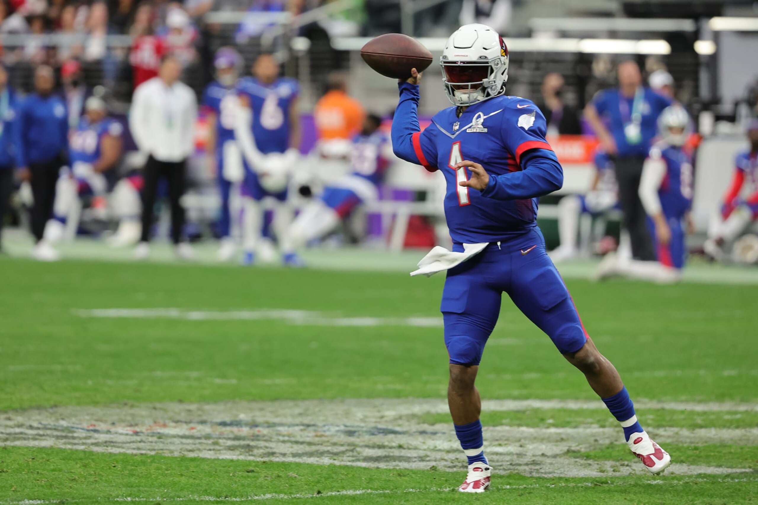 LAS VEGAS, NEVADA - FEBRUARY 06: Kyler Murray #1 of the Arizona Cardinals throws a pass against the AFC during the second half of the 2022 NFL Pro Bowl at Allegiant Stadium on February 06, 2022 in Las Vegas, Nevada. (Photo by Ethan Miller/Getty Images) LAS VEGAS, NEVADA - FEBRUARY 06: Kyler Murray #1 of the Arizona Cardinals throws a pass against the AFC during the second half of the 2022 NFL Pro Bowl at Allegiant Stadium on February 06, 2022 in Las Vegas, Nevada. (Photo by Ethan Miller/Getty Images)