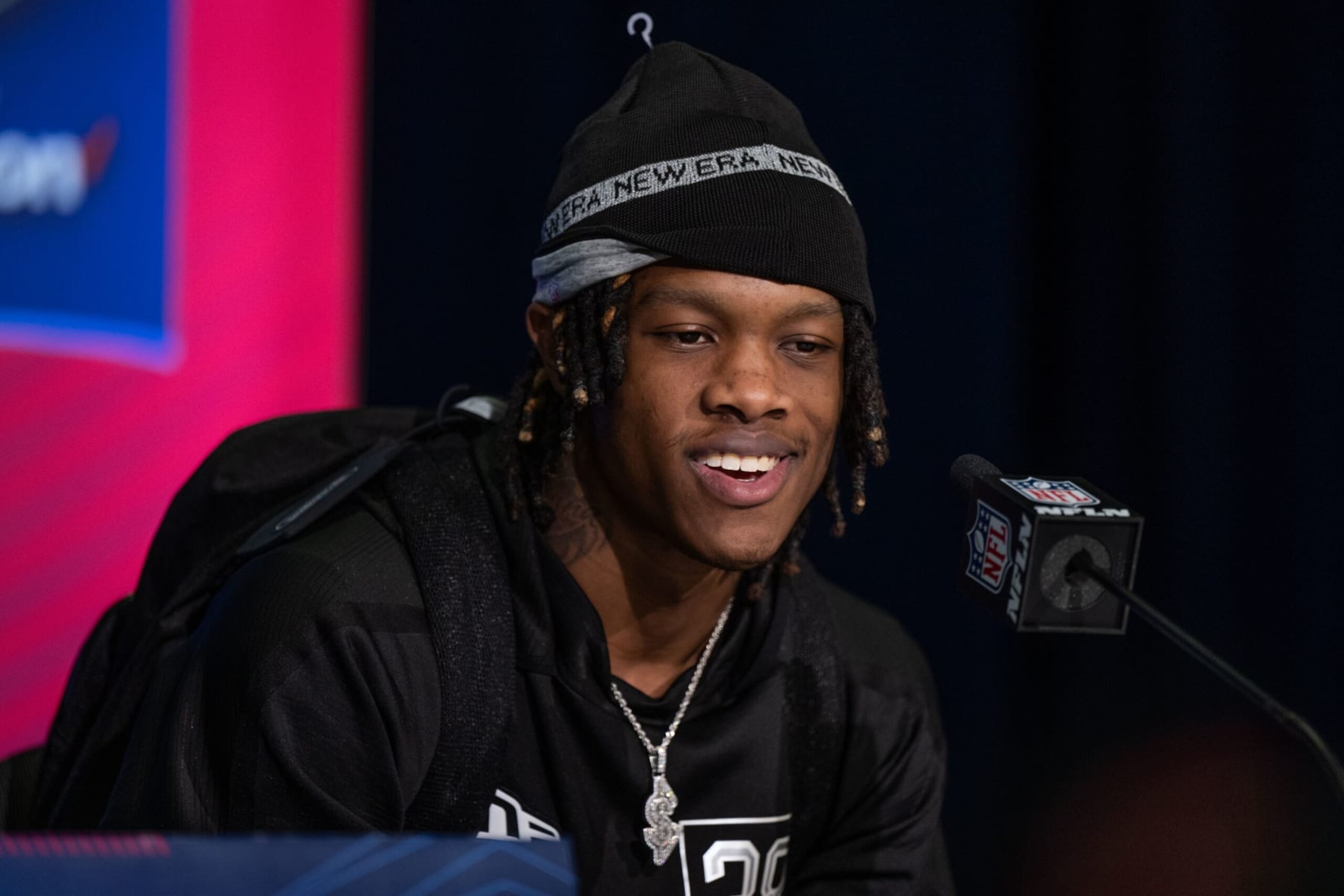 INDIANAPOLIS, IN - MARCH 02: Alabama wide receiver Jameson Williams answers questions from the media during the NFL Scouting Combine on March 2, 2022, at the Indiana Convention Center in Indianapolis, IN. (Photo by Zach Bolinger/Icon Sportswire via Getty Images)
