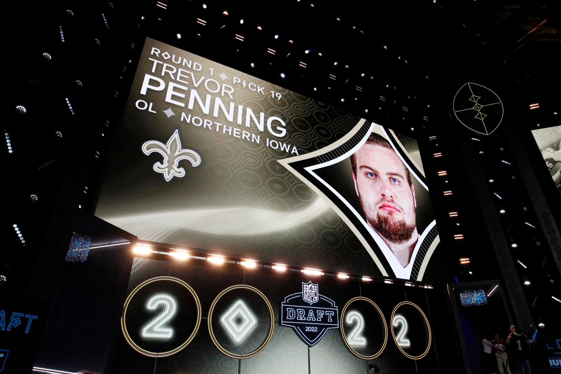 LAS VEGAS, NV - APRIL 28: Trevor Penning, Northern Iowa is selected as the number 19 pick by the New Orleans Saints during the NFL Draft on April 28, 2022 in Las Vegas, Nevada. (Photo by Jeff Speer/Icon Sportswire via Getty Images)