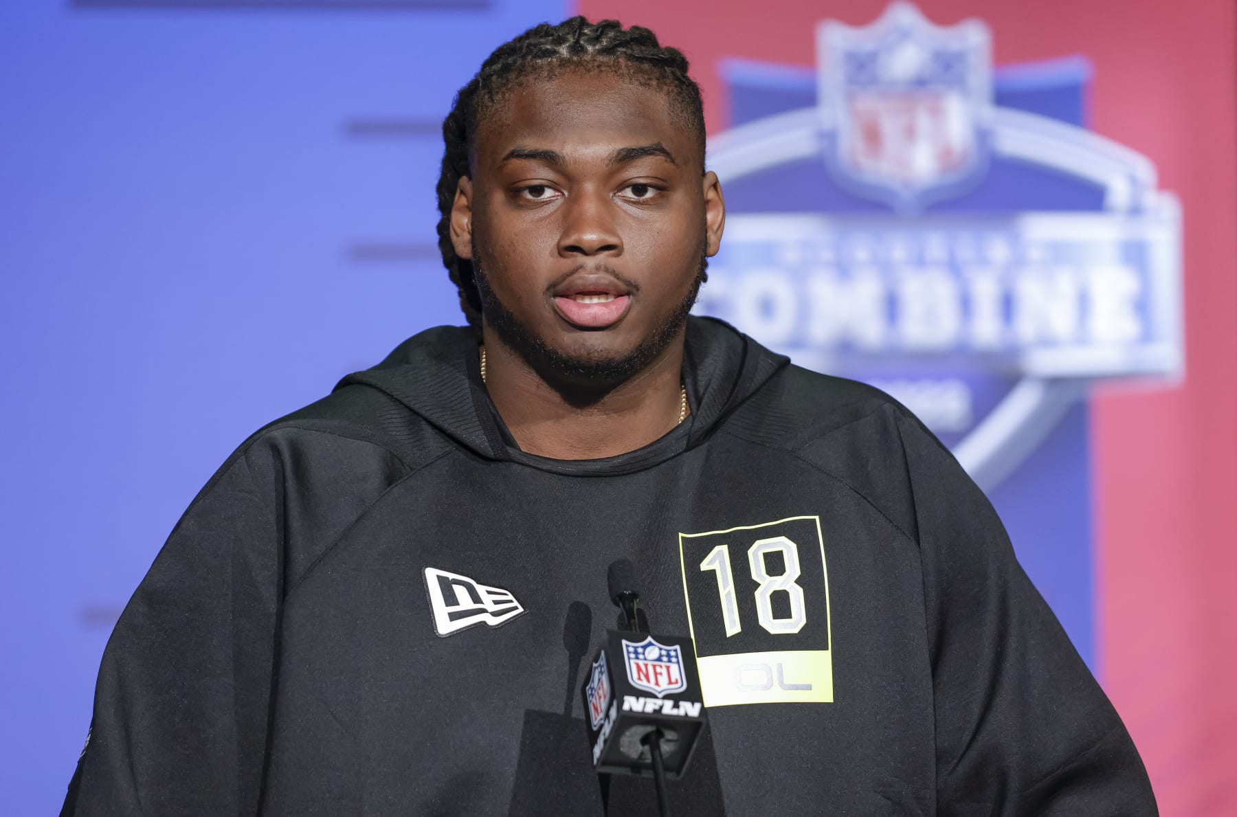 INDIANAPOLIS, IN - MAR 03: Kenyon Green #OL18 of the Texas A&M Aggies speaks to reporters during the NFL Draft Combine at the Indiana Convention Center on March 3, 2022 in Indianapolis, Indiana. (Photo by Michael Hickey/Getty Images)