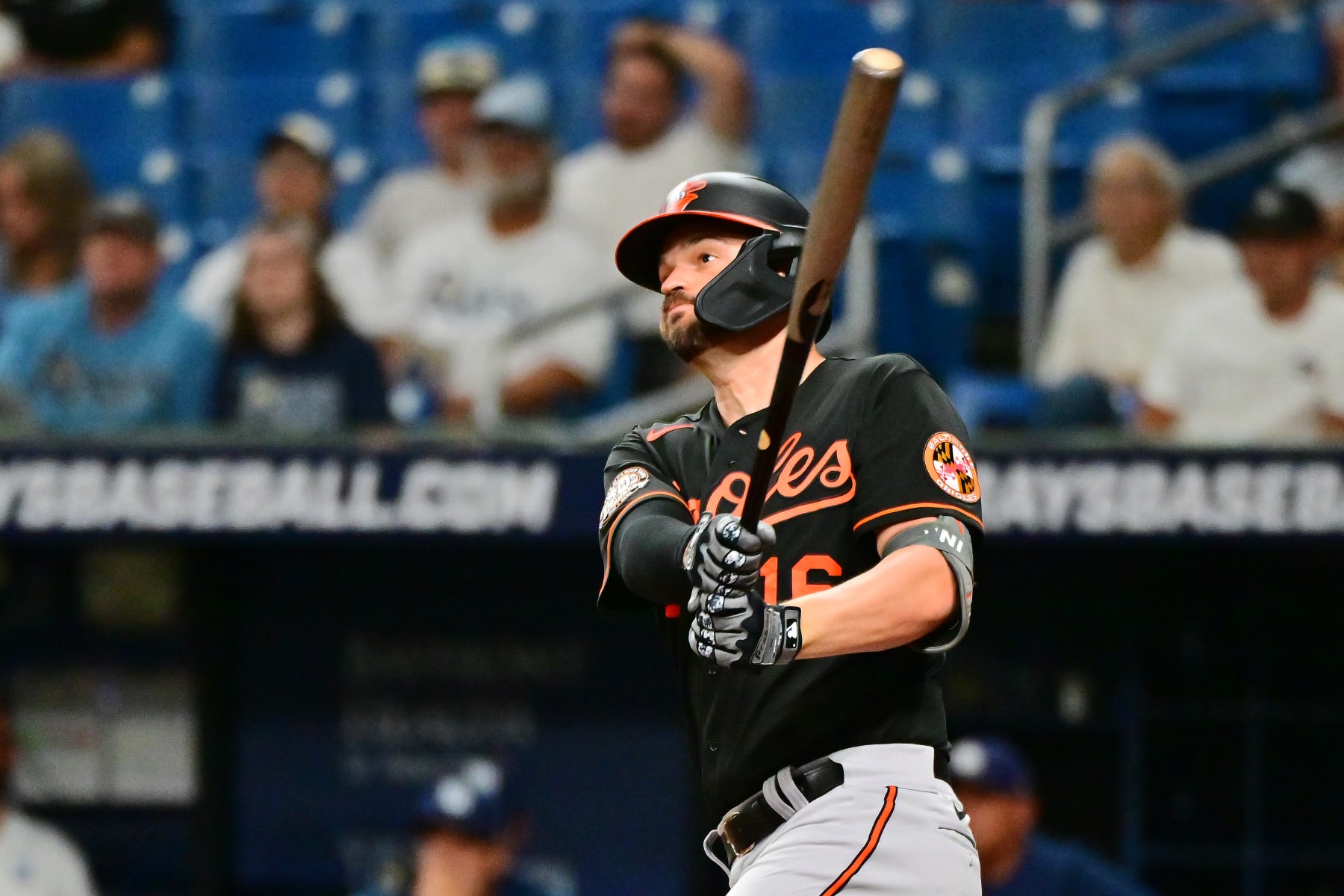 ST PETERSBURG, FLORIDA - JULY 15: Trey Mancini #16 of the Baltimore Orioles hits a home run in the third inning against the Tampa Bay Rays at Tropicana Field on July 15, 2022 in St Petersburg, Florida. (Photo by Julio Aguilar/Getty Images)