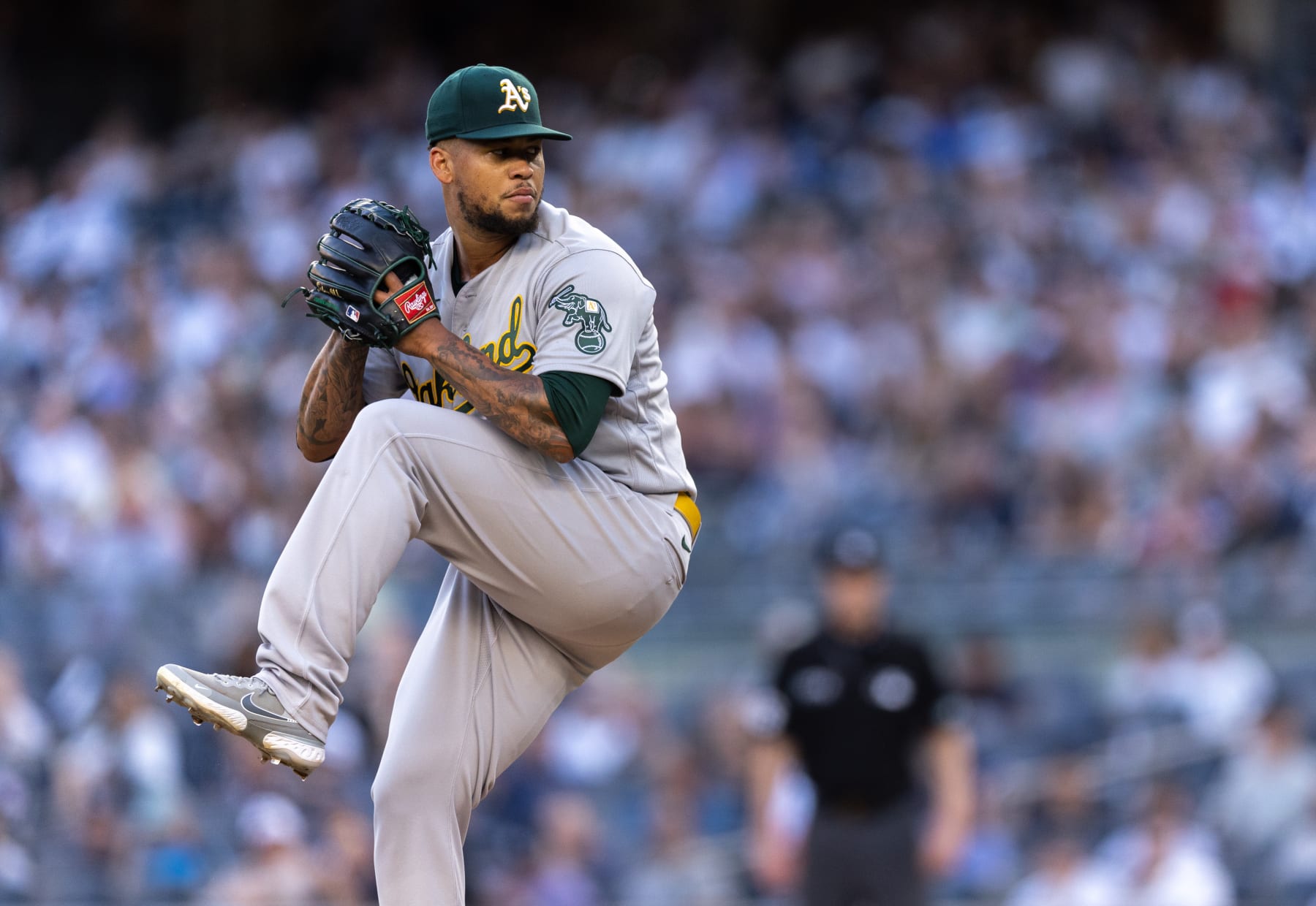 NEW YORK, NEW YORK - JUNE 28: Frankie Montas #47 of the Oakland Athletics throws a pitch during the first inning of the game against the New York Yankees at Yankee Stadium on June 28, 2022 in New York City. (Photo by Dustin Satloff/Getty Images)