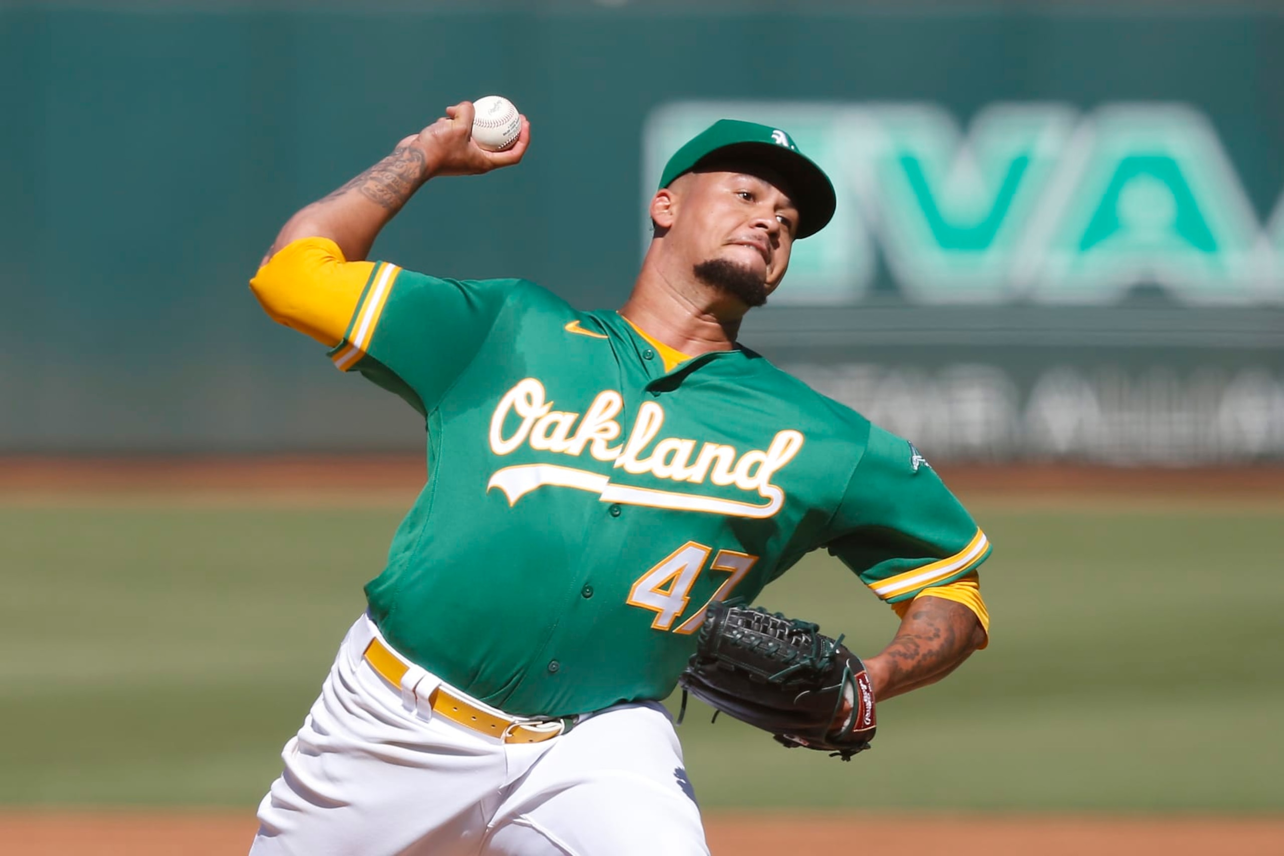 OAKLAND, CALIFORNIA - JULY 21: Frankie Montas #47 of the Oakland Athletics pitches in the top of the second inning against the Detroit Tigers during game two of a doubleheader at RingCentral Coliseum on July 21, 2022 in Oakland, California. (Photo by Lachlan Cunningham/Getty Images) OAKLAND, CALIFORNIA - JULY 21: Frankie Montas #47 of the Oakland Athletics pitches in the top of the second inning against the Detroit Tigers during game two of a doubleheader at RingCentral Coliseum on July 21, 2022 in Oakland, California. (Photo by Lachlan Cunningham/Getty Images)
