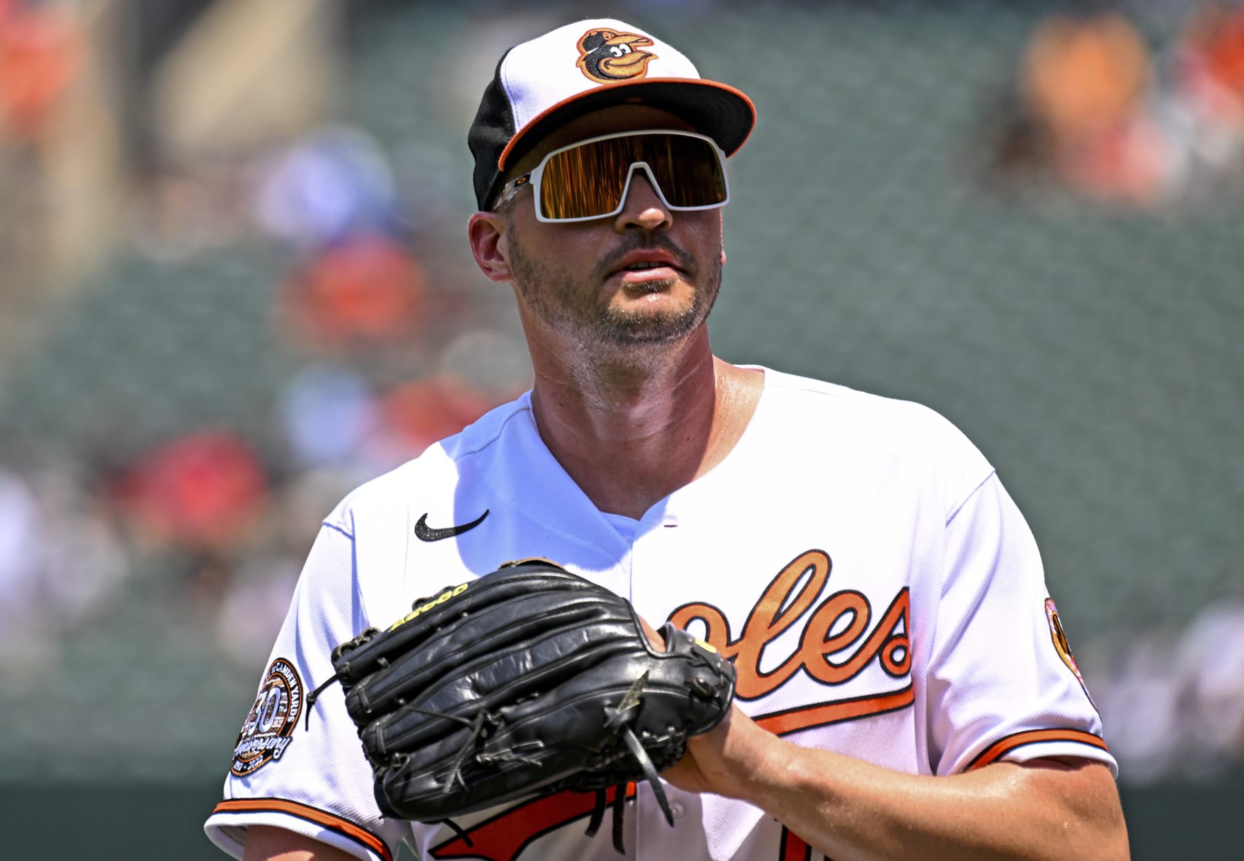 BALTIMORE, MD - JULY 24: Baltimore Orioles right fielder Trey Mancini (16) walks back to the dugout during the New York Yankees game versus the Baltimore Orioles on July 24, 2022 at Orioles Park at Camden Yards, in Baltimore, MD.  (Photo by Mark Goldman/Icon Sportswire via Getty Images)