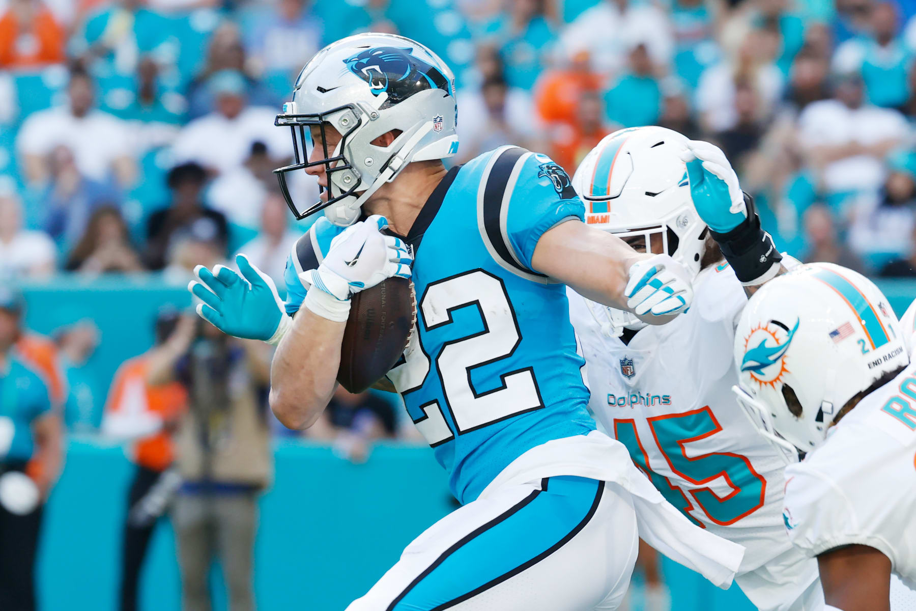 MIAMI GARDENS, FLORIDA - NOVEMBER 28: Christian McCaffrey #22 of the Carolina Panthers during their game against the Miami Dolphins at Hard Rock Stadium on November 28, 2021 in Miami Gardens, Florida. (Photo by Cliff Hawkins/Getty Images)