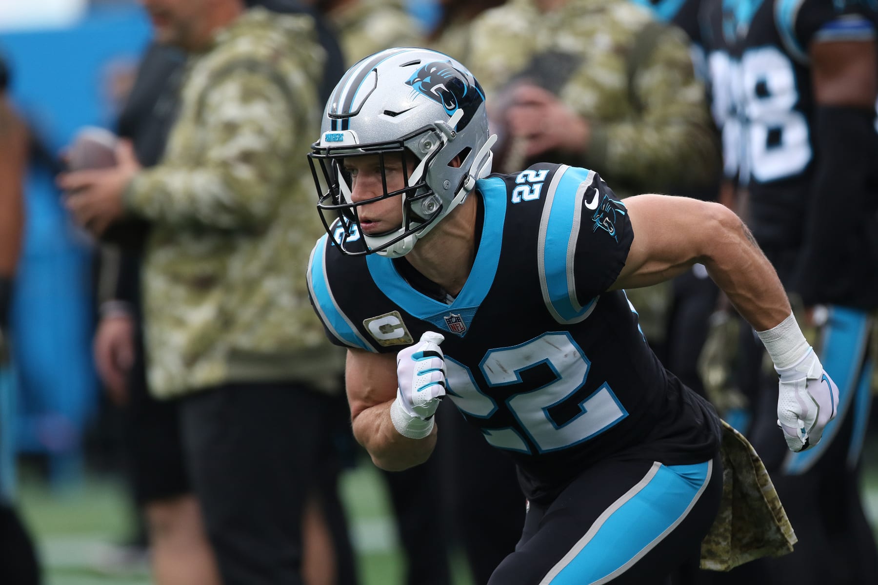 CHARLOTTE, NC - NOVEMBER 21: Christian McCaffrey (22) running back of Carolina during an NFL football game between the Washington Football Team and the Carolina Panthers on November 21, 2021, at Bank of America Stadium in Charlotte, N.C. (Photo by John Byrum/Icon Sportswire via Getty Images)