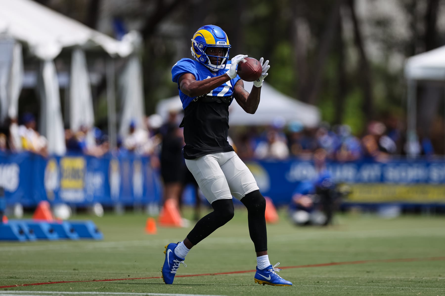 IRVINE, CA - JULY 29: Van Jefferson #12 of the Los Angeles Rams catches a pass during training camp at University of California Irvine on July 29, 2022 in Irvine, California. (Photo by Scott Taetsch/Getty Images)