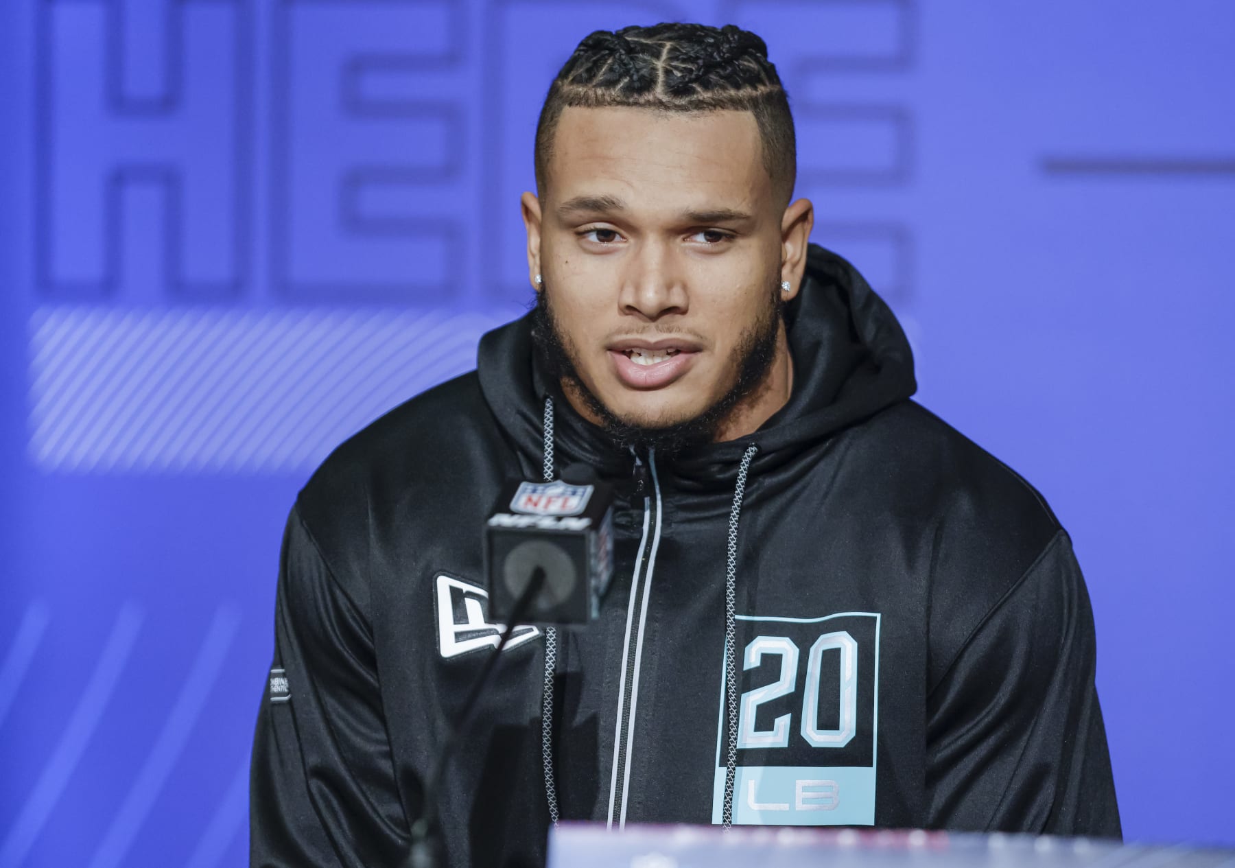 INDIANAPOLIS, IN - MAR 04: Jermaine Johnson II #LB20 of the Florida State Seminoles speaks to reporters during the NFL Draft Combine at the Indiana Convention Center on March 4, 2022 in Indianapolis, Indiana. (Photo by Michael Hickey/Getty Images)