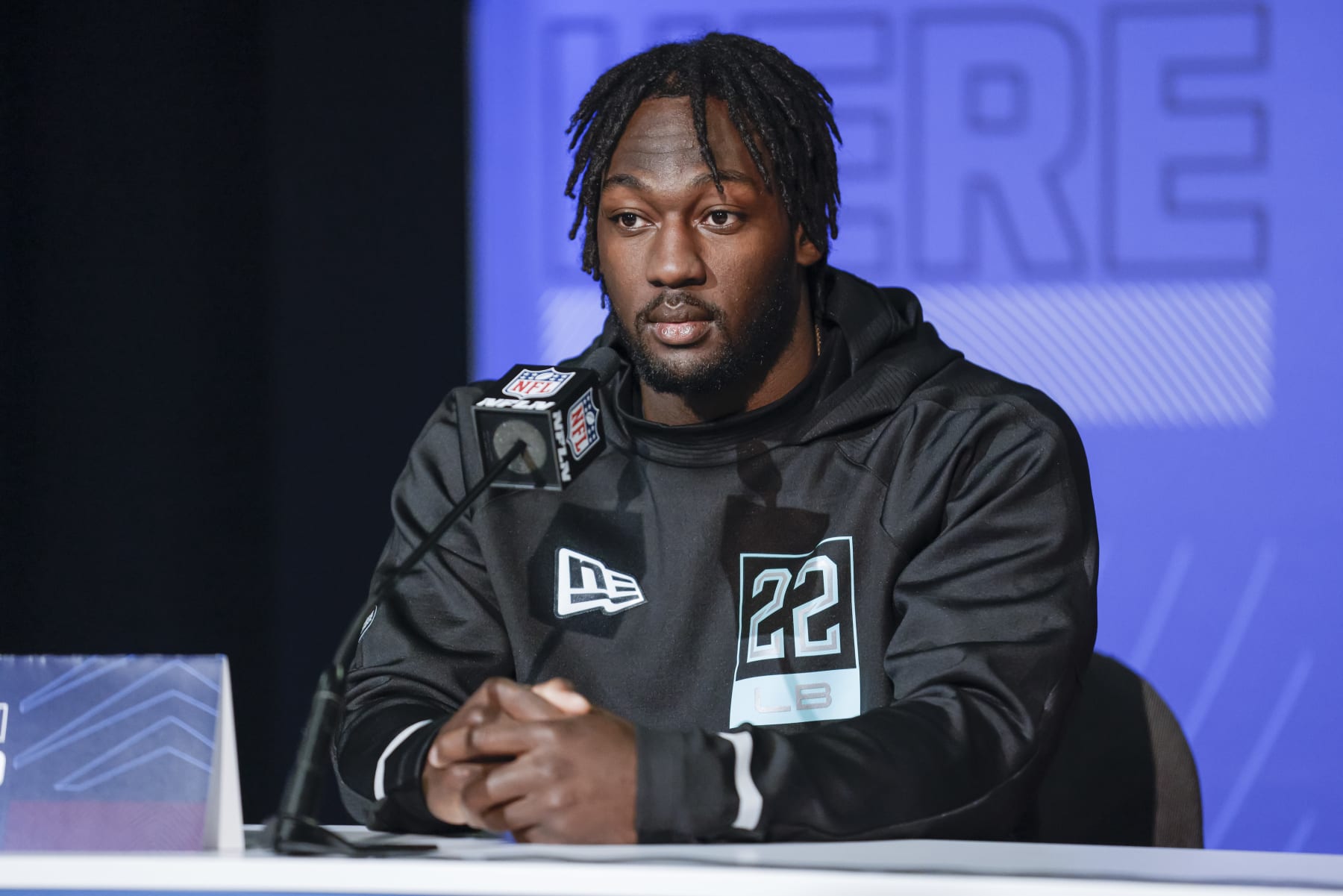 INDIANAPOLIS, IN - MAR 04: Devin Lloyd #LB22 of the Utah Utes speaks to reporters during the NFL Draft Combine at the Indiana Convention Center on March 4, 2022 in Indianapolis, Indiana. (Photo by Michael Hickey/Getty Images)