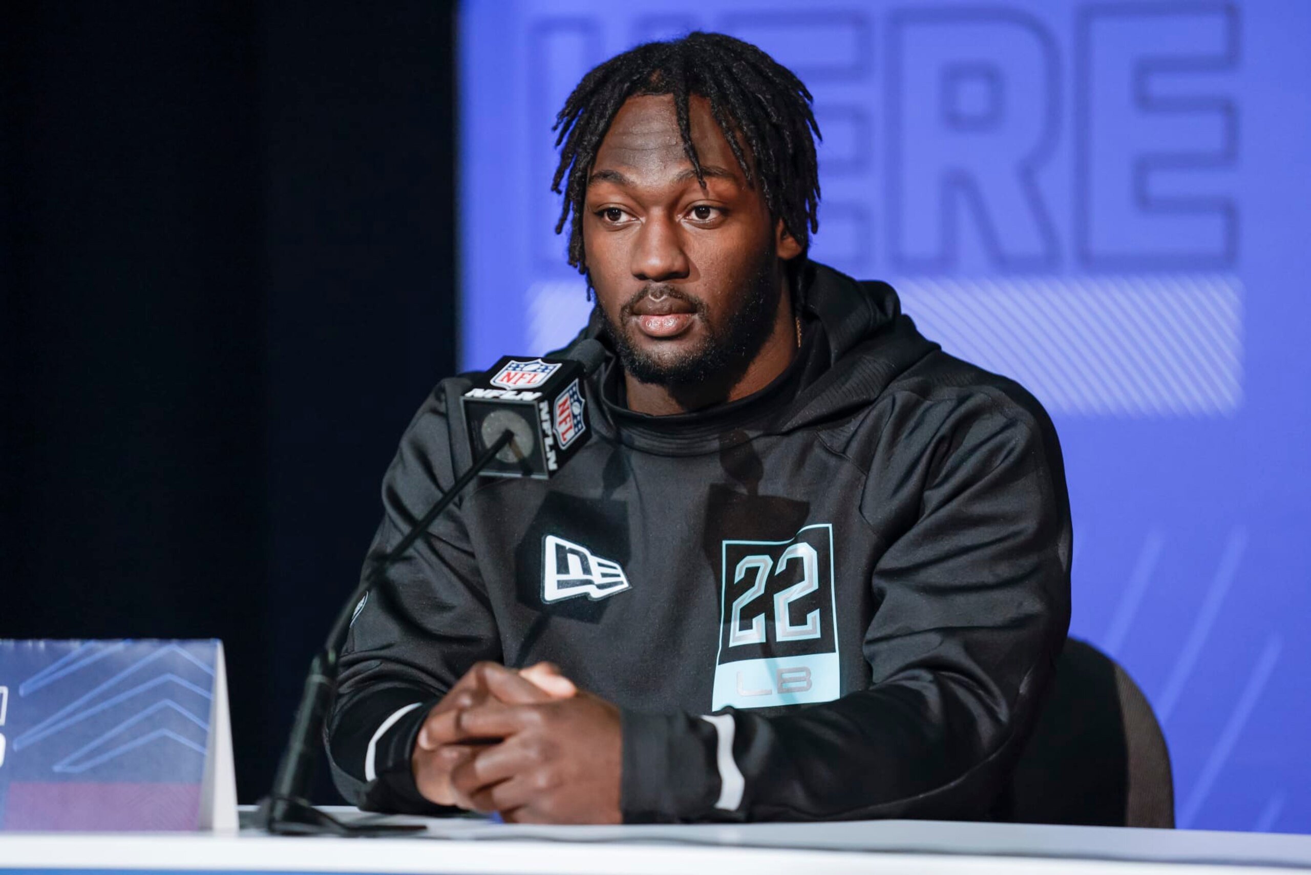 INDIANAPOLIS, IN - MAR 04: Devin Lloyd #LB22 of the Utah Utes speaks to reporters during the NFL Draft Combine at the Indiana Convention Center on March 4, 2022 in Indianapolis, Indiana. (Photo by Michael Hickey/Getty Images)