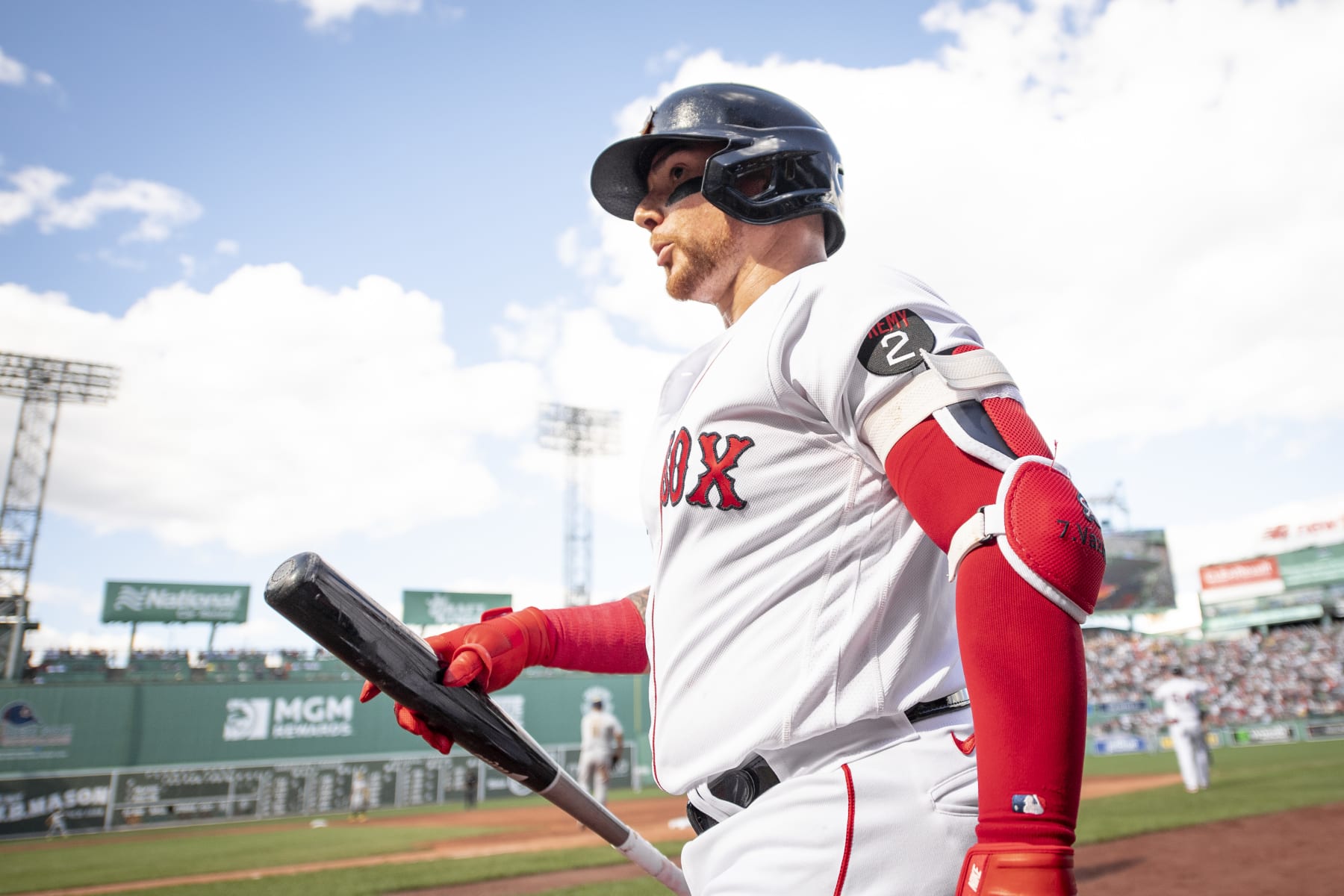 BOSTON, MA - JULY 30: Christian Vázquez #7 of the Boston Red Sox walks out of the dugout to bat during the first inning of a game against the Milwaukee Brewers on July 30, 2022 at Fenway Park in Boston, Massachusetts. (Photo by Maddie Malhotra/Boston Red Sox/Getty Images)