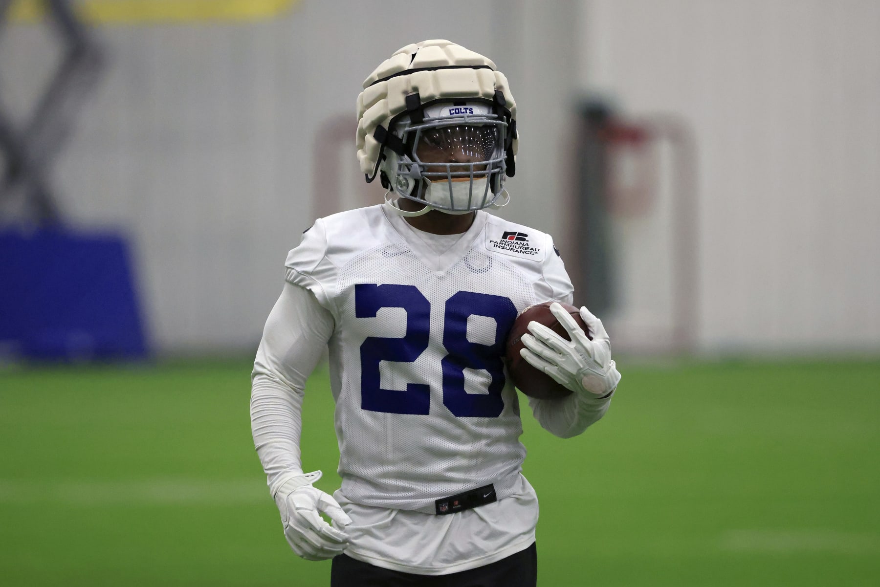 WESTFIELD, INDIANA - JULY 27: Jonathan Taylor #28 of the Indianapolis Colts runs a drill during the first day of training camp on July 27, 2022 at Grand Park Sports Campus in Westfield, Indiana. (Photo by Justin Casterline/Getty Images)