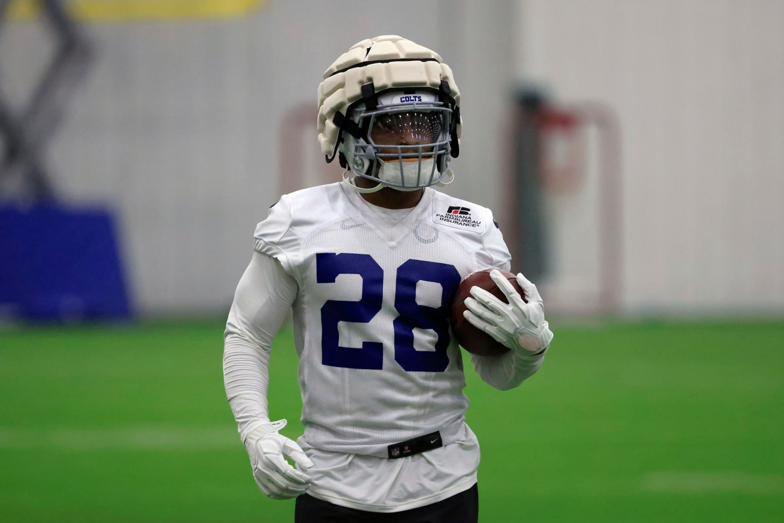 WESTFIELD, INDIANA - JULY 27: Jonathan Taylor #28 of the Indianapolis Colts runs a drill during the first day of training camp on July 27, 2022 at Grand Park Sports Campus in Westfield, Indiana. (Photo by Justin Casterline/Getty Images)