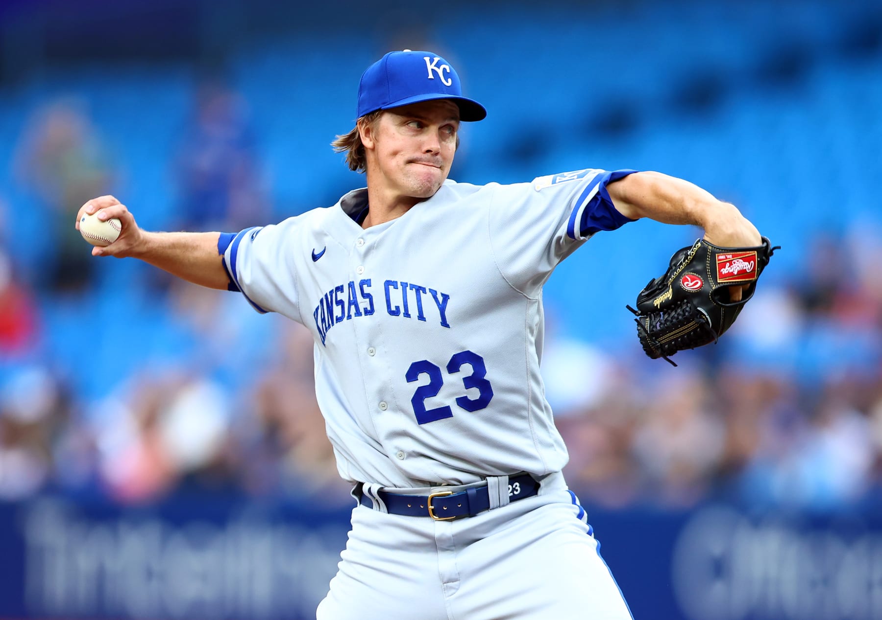 TORONTO, ON - JULY 15:  Zack Greinke #23 of the Kansas City Royals delivers a pitch in the first inning against the Toronto Blue Jays at Rogers Centre on July 15, 2022 in Toronto, Ontario, Canada.  (Photo by Vaughn Ridley/Getty Images)