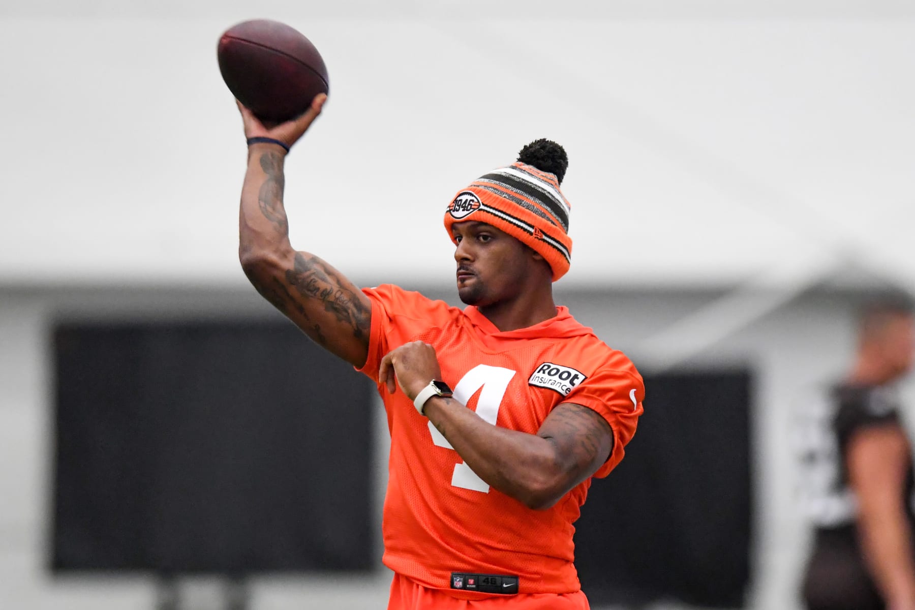 BEREA, OH - JULY 27: Deshaun Watson #4 of the Cleveland Browns throws a pass during Cleveland Browns training camp at CrossCountry Mortgage Campus on July 27, 2022 in Berea, Ohio. (Photo by Nick Cammett/Getty Images)