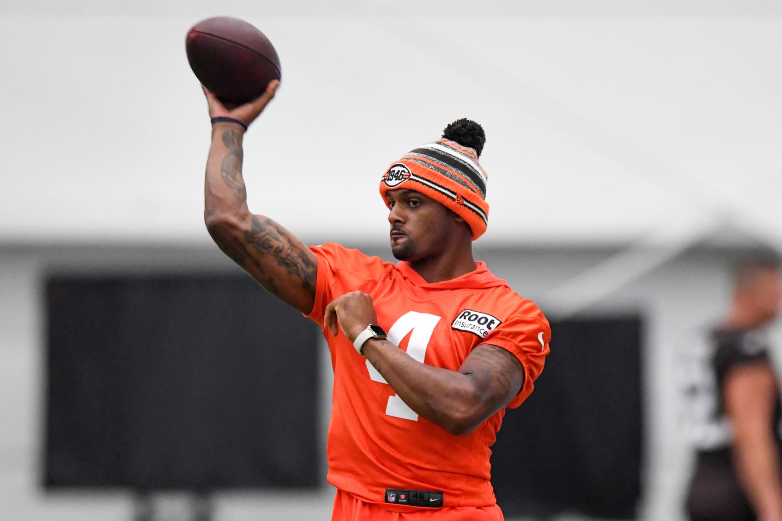 BEREA, OH - JULY 27: Deshaun Watson #4 of the Cleveland Browns throws a pass during Cleveland Browns training camp at CrossCountry Mortgage Campus on July 27, 2022 in Berea, Ohio. (Photo by Nick Cammett/Getty Images)