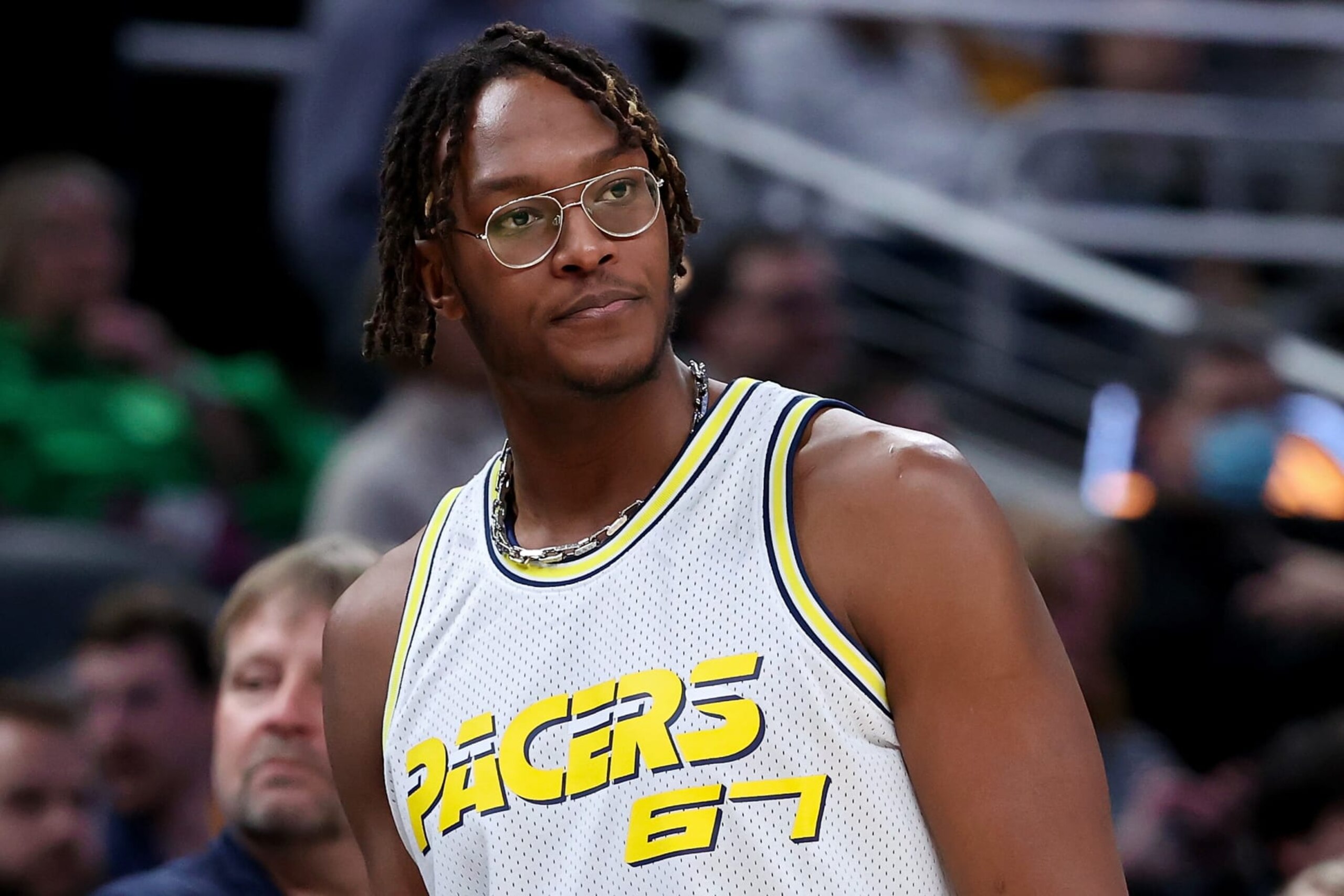 INDIANAPOLIS, INDIANA - JANUARY 31: Myles Turner #33 of the Indiana Pacers looks on before the game against the Los Angeles Clippers at Gainbridge Fieldhouse on January 31, 2022 in Indianapolis, Indiana. NOTE TO USER: User expressly acknowledges and agrees that, by downloading and or using this Photograph, user is consenting to the terms and conditions of the Getty Images License Agreement. (Photo by Dylan Buell/Getty Images) INDIANAPOLIS, INDIANA - JANUARY 31: Myles Turner #33 of the Indiana Pacers looks on before the game against the Los Angeles Clippers at Gainbridge Fieldhouse on January 31, 2022 in Indianapolis, Indiana. NOTE TO USER: User expressly acknowledges and agrees that, by downloading and or using this Photograph, user is consenting to the terms and conditions of the Getty Images License Agreement. (Photo by Dylan Buell/Getty Images)
