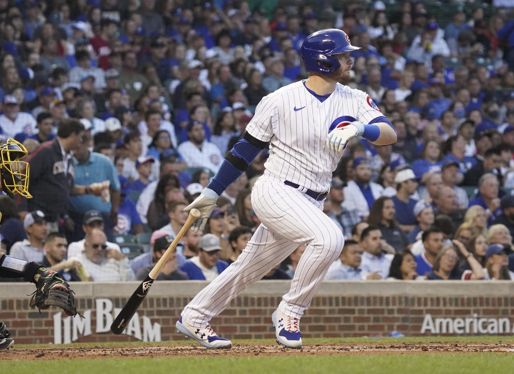CHICAGO, ILLINOIS - JULY 25: Ian Happ #8 of the Chicago Cubs hits a double against the Pittsburgh Pirates at Wrigley Field on July 25, 2022 in Chicago, Illinois. (Photo by Nuccio DiNuzzo/Getty Images)