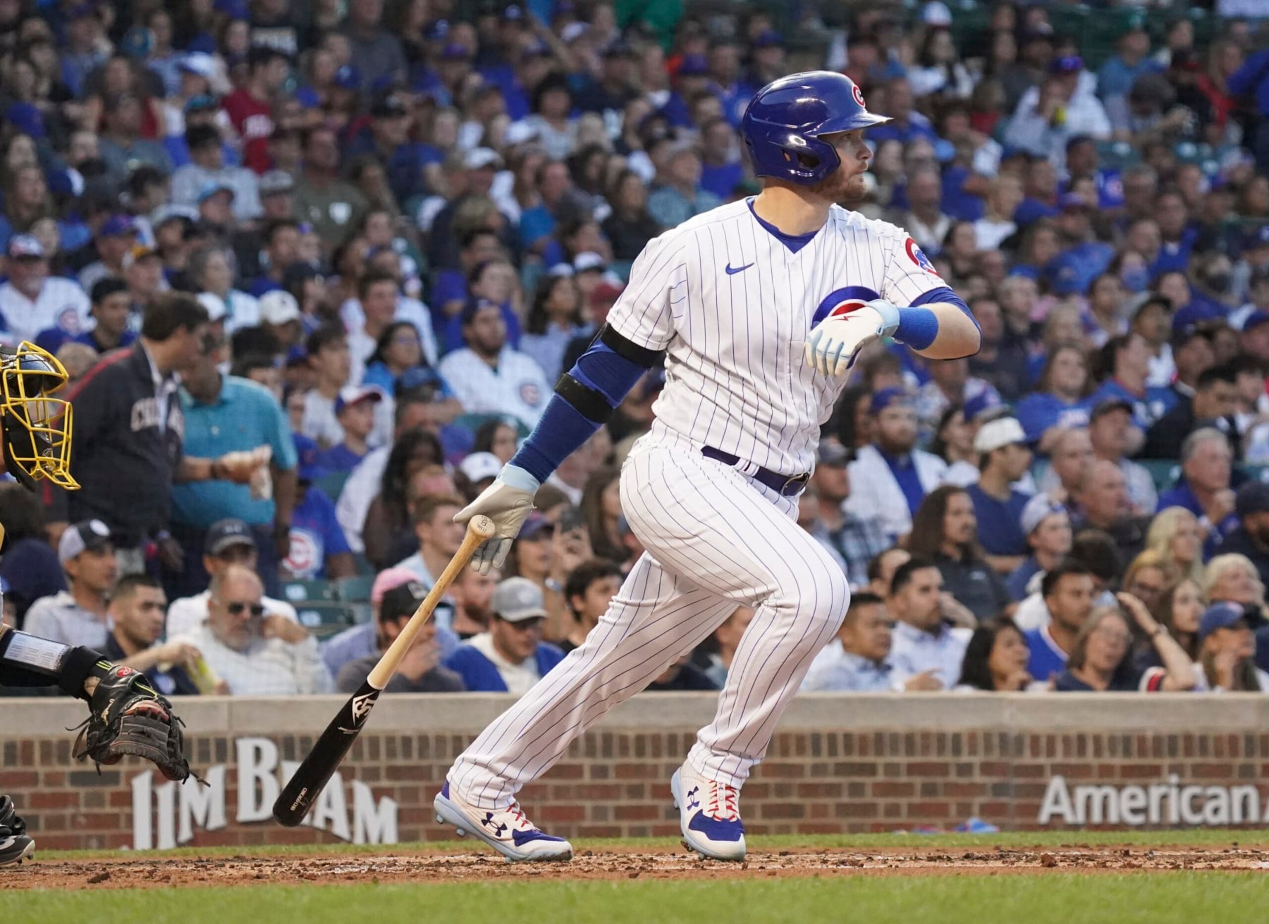 CHICAGO, ILLINOIS - JULY 25: Ian Happ #8 of the Chicago Cubs hits a double against the Pittsburgh Pirates at Wrigley Field on July 25, 2022 in Chicago, Illinois. (Photo by Nuccio DiNuzzo/Getty Images)