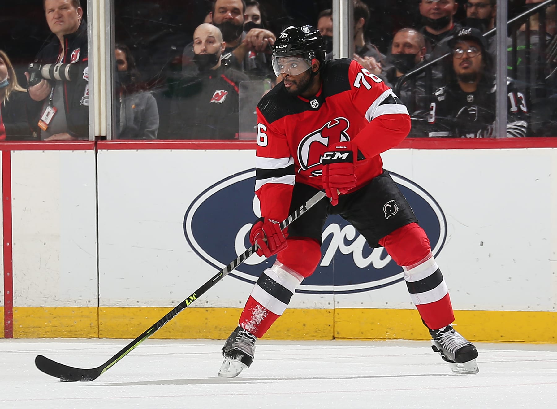 NEWARK, NJ - APRIL 23: P.K. Subban #76 of the New Jersey Devils plays the puck against the Carolina Hurricanes during the game at Prudential Center on April 23, 2022 in Newark, New Jersey. (Photo by Andy Marlin/NHLI via Getty Images)