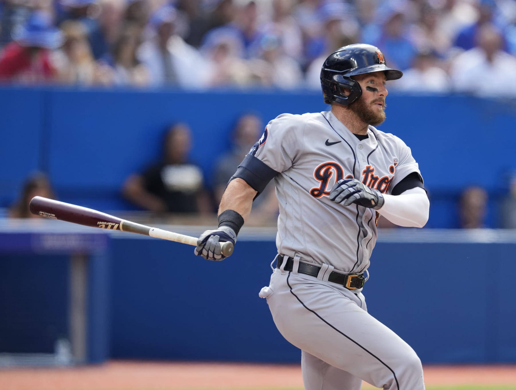TORONTO, ON - JULY 30: Robbie Grossman #8 of the Detroit Tigers hits a single against the Toronto Blue Jays in the fifth inning during their MLB game at the Rogers Centre on July 30, 2022 in Toronto, Ontario, Canada. (Photo by Mark Blinch/Getty Images)