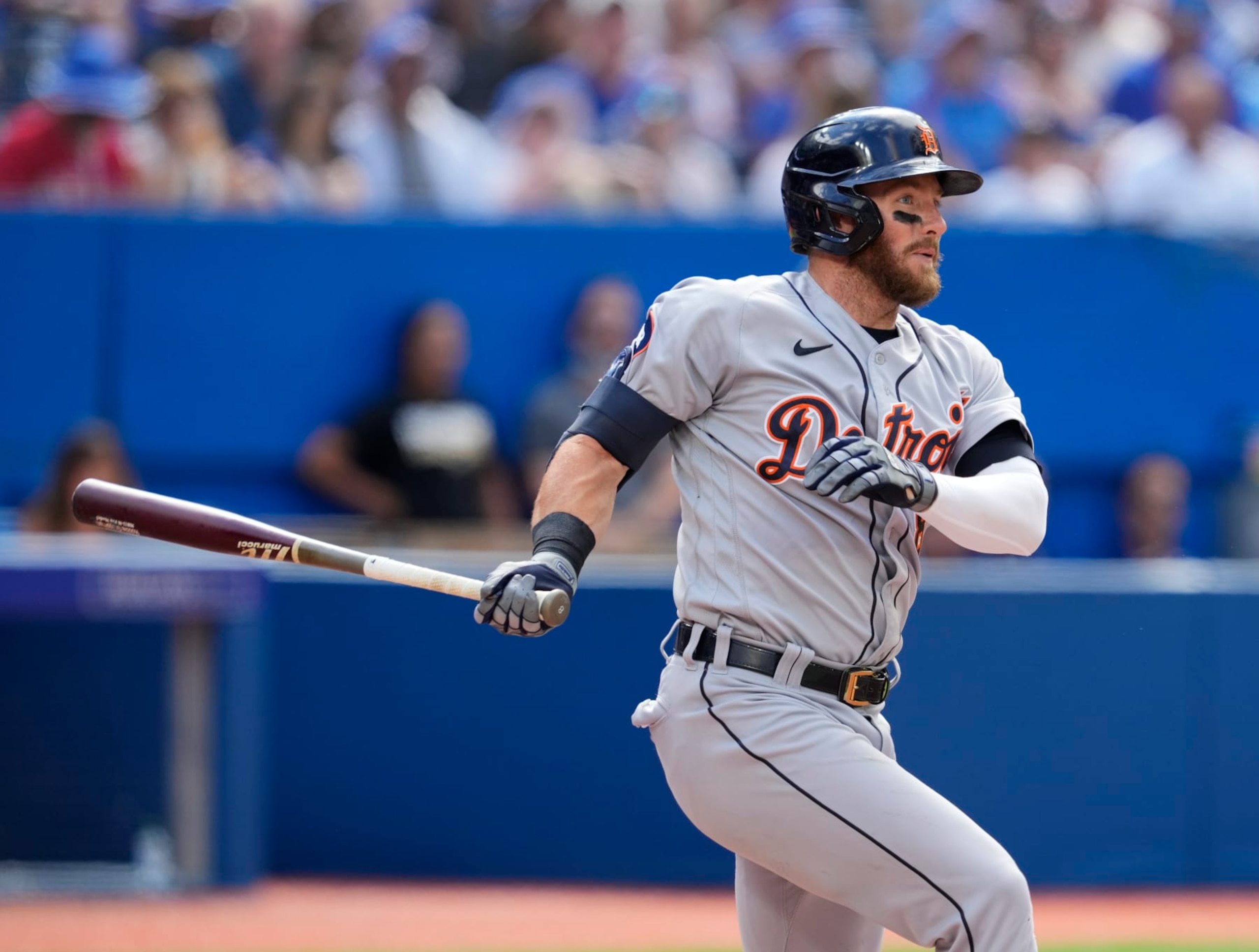 TORONTO, ON - JULY 30: Robbie Grossman #8 of the Detroit Tigers hits a single against the Toronto Blue Jays in the fifth inning during their MLB game at the Rogers Centre on July 30, 2022 in Toronto, Ontario, Canada. (Photo by Mark Blinch/Getty Images)