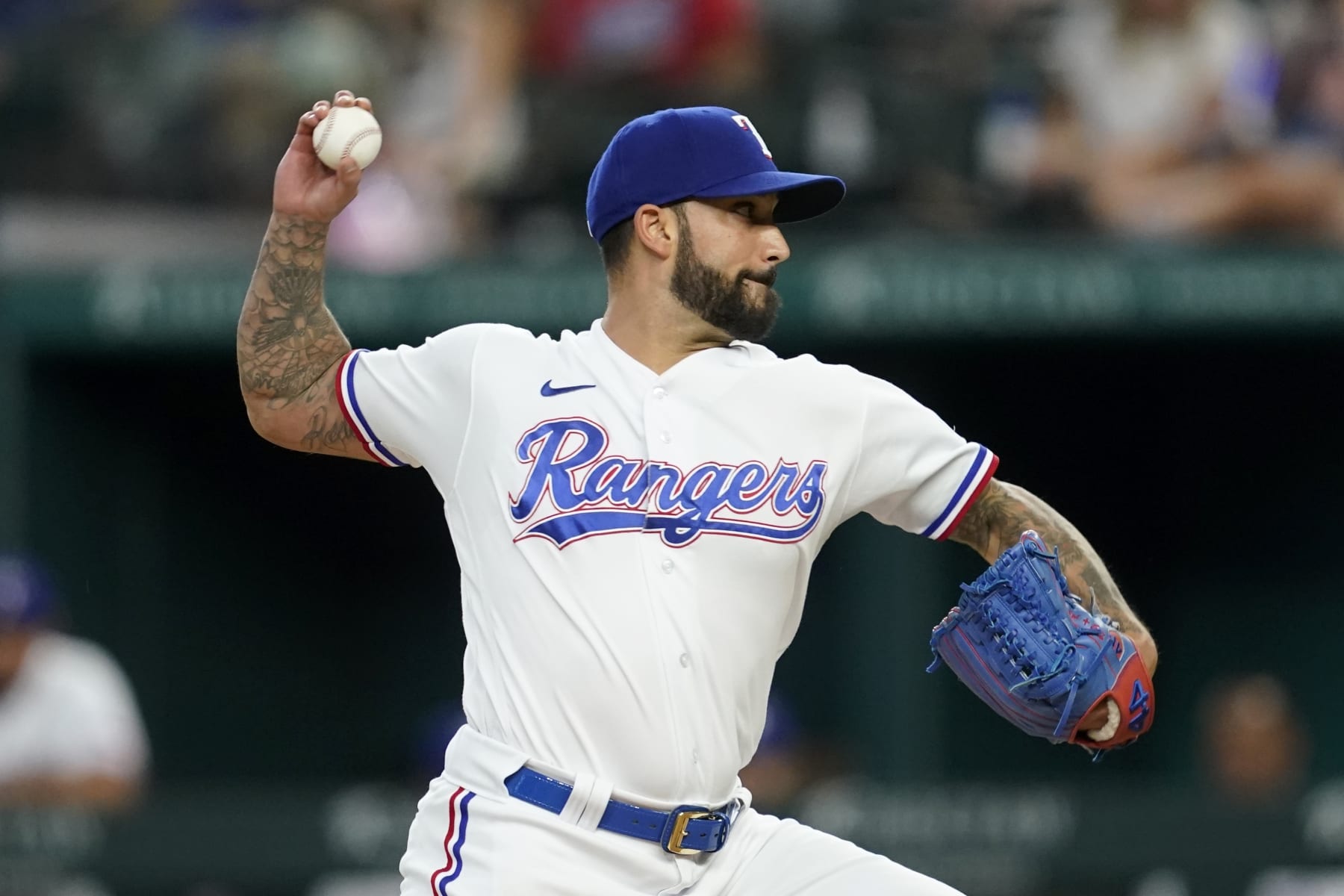 Texas Rangers relief pitcher Matt Bush throws to the Seattle Mariners in the sixth inning of a baseball game, Saturday, July 16, 2022, in Arlington, Texas. (AP Photo/Tony Gutierrez)