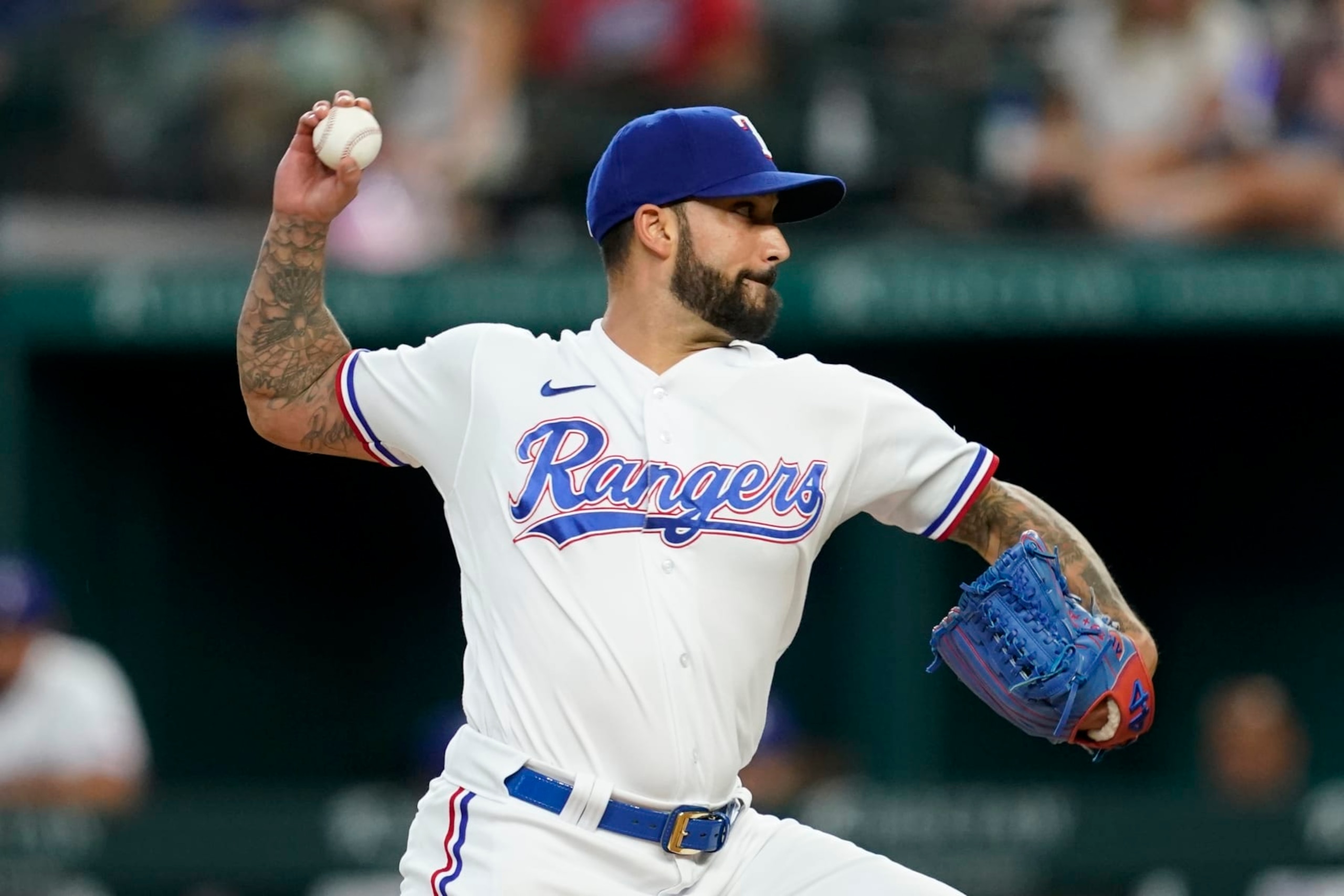 Texas Rangers relief pitcher Matt Bush throws to the Seattle Mariners in the sixth inning of a baseball game, Saturday, July 16, 2022, in Arlington, Texas. (AP Photo/Tony Gutierrez)