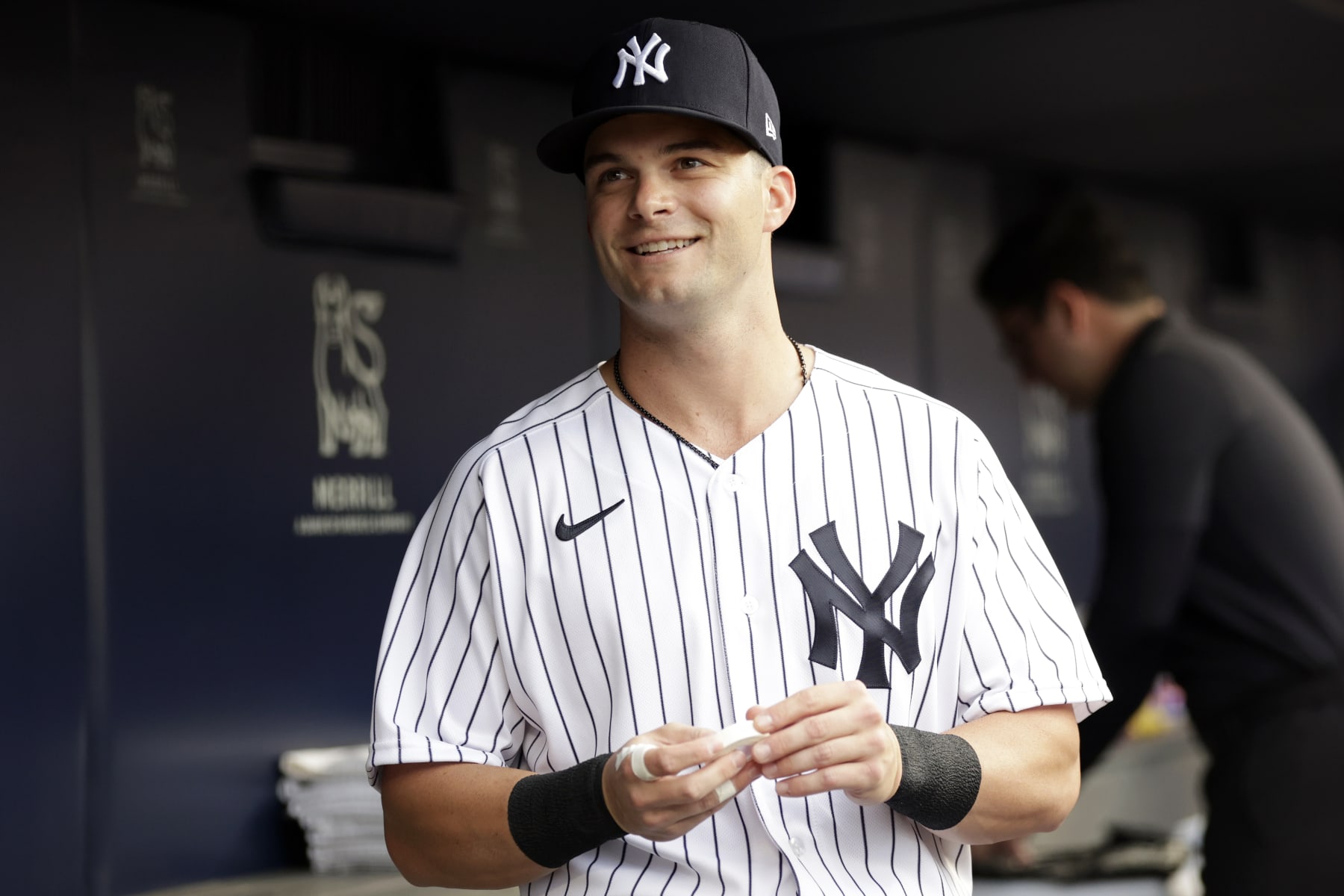 NEW YORK, NY - JULY 28: Andrew Benintendi #18 of the New York Yankee in the dugout before taking on the Kansas City Royals at Yankee Stadium on July 28, 2022 in New York City. (Photo by Adam Hunger/Getty Images)