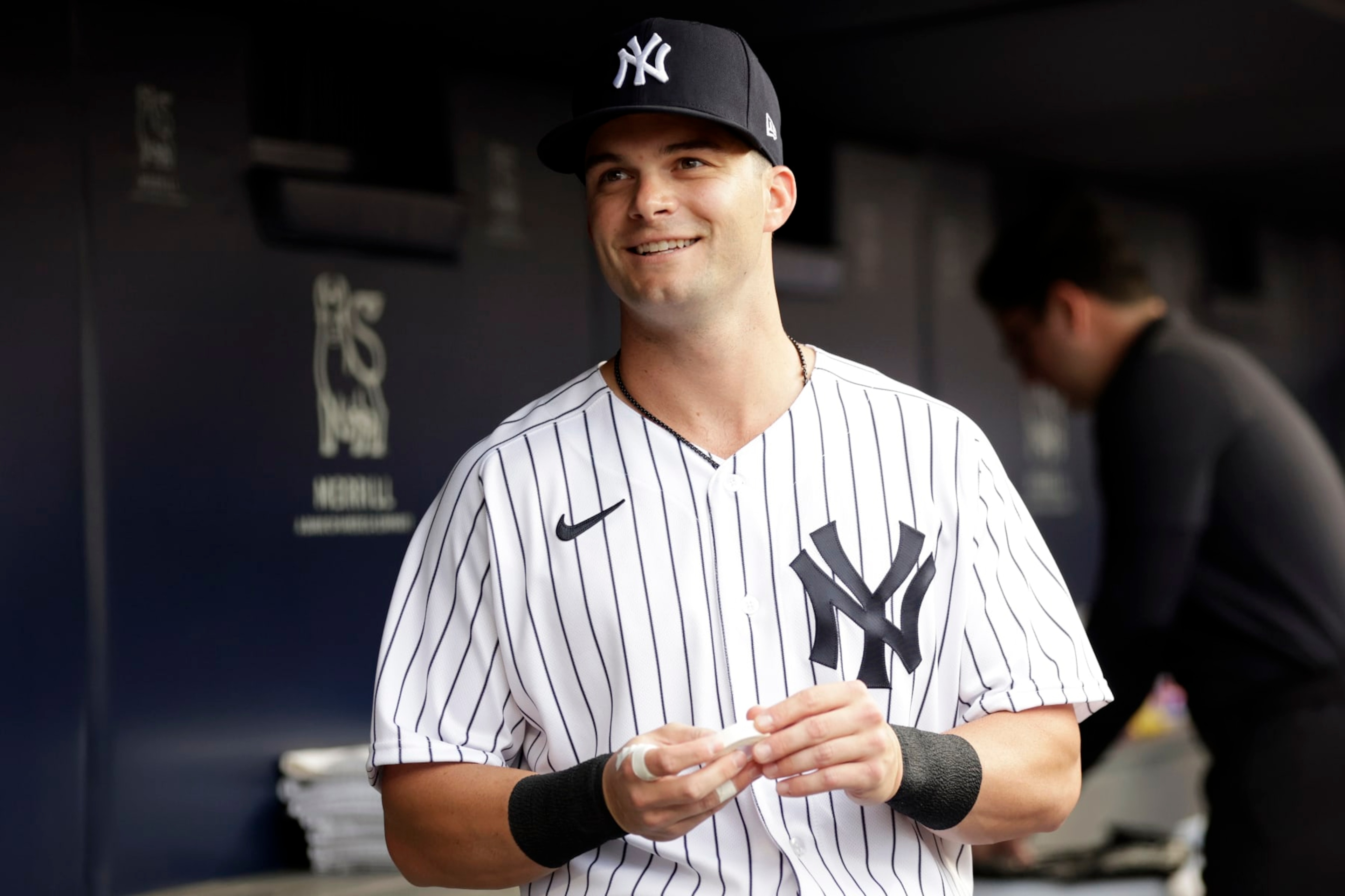 NEW YORK, NY - JULY 28: Andrew Benintendi #18 of the New York Yankee in the dugout before taking on the Kansas City Royals at Yankee Stadium on July 28, 2022 in New York City. (Photo by Adam Hunger/Getty Images) NEW YORK, NY - JULY 28: Andrew Benintendi #18 of the New York Yankee in the dugout before taking on the Kansas City Royals at Yankee Stadium on July 28, 2022 in New York City. (Photo by Adam Hunger/Getty Images)