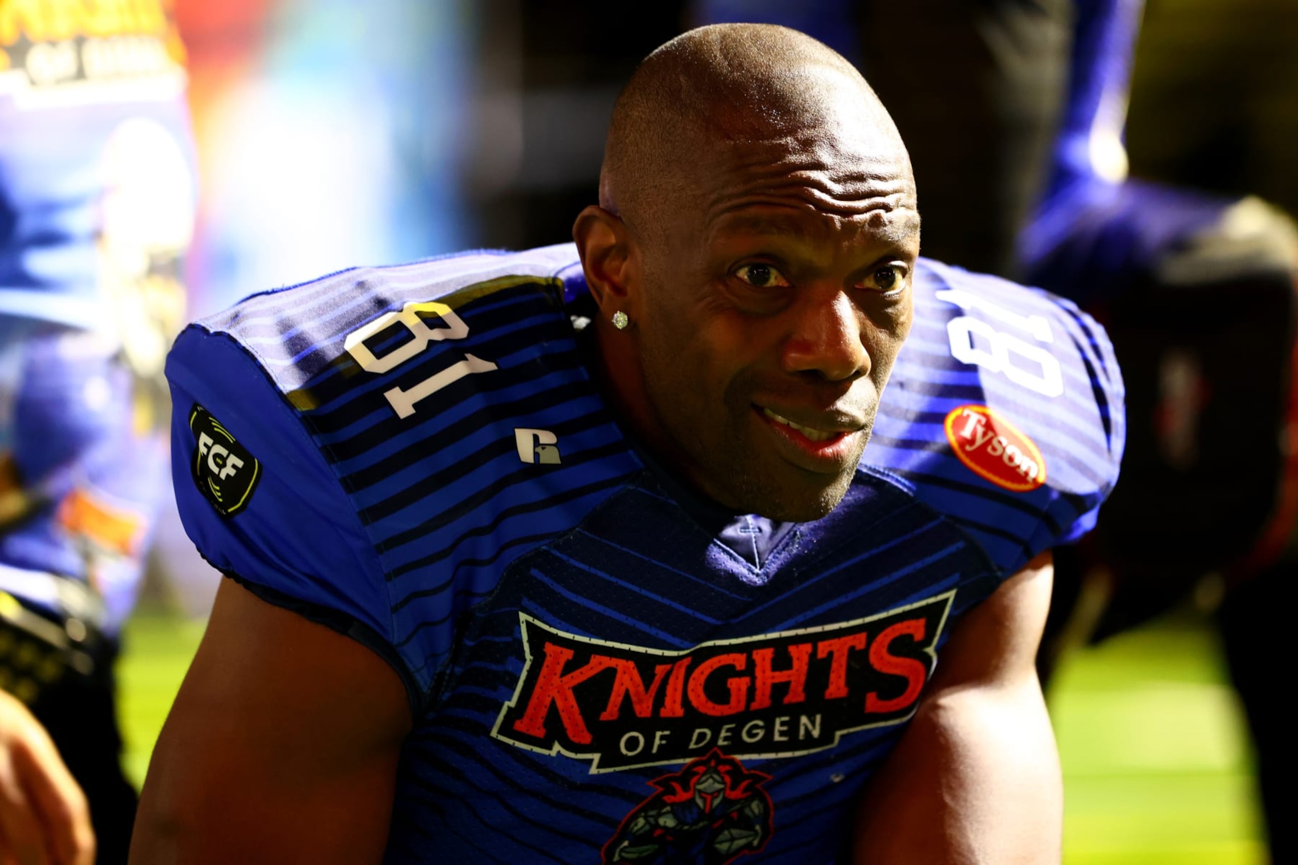 ATLANTA, GEORGIA - MAY 28: Terrell Owens #81 of the Knights of Degen looks on during the second half against the 8OKI during Fan Controlled Football Season v2.0 - Week Seven on May 28, 2022 in Atlanta, Georgia. (Photo by Casey Sykes/Fan Controlled Football/Getty Images)